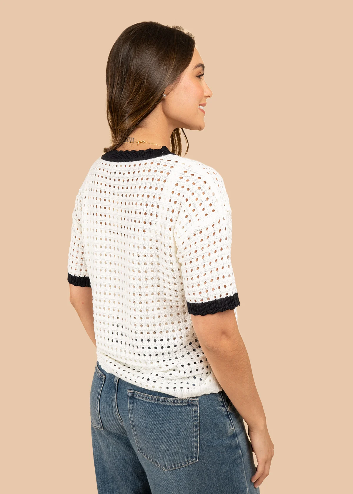 Blusa tejida color azul tipo perforado manga corta 106459 - Image 4