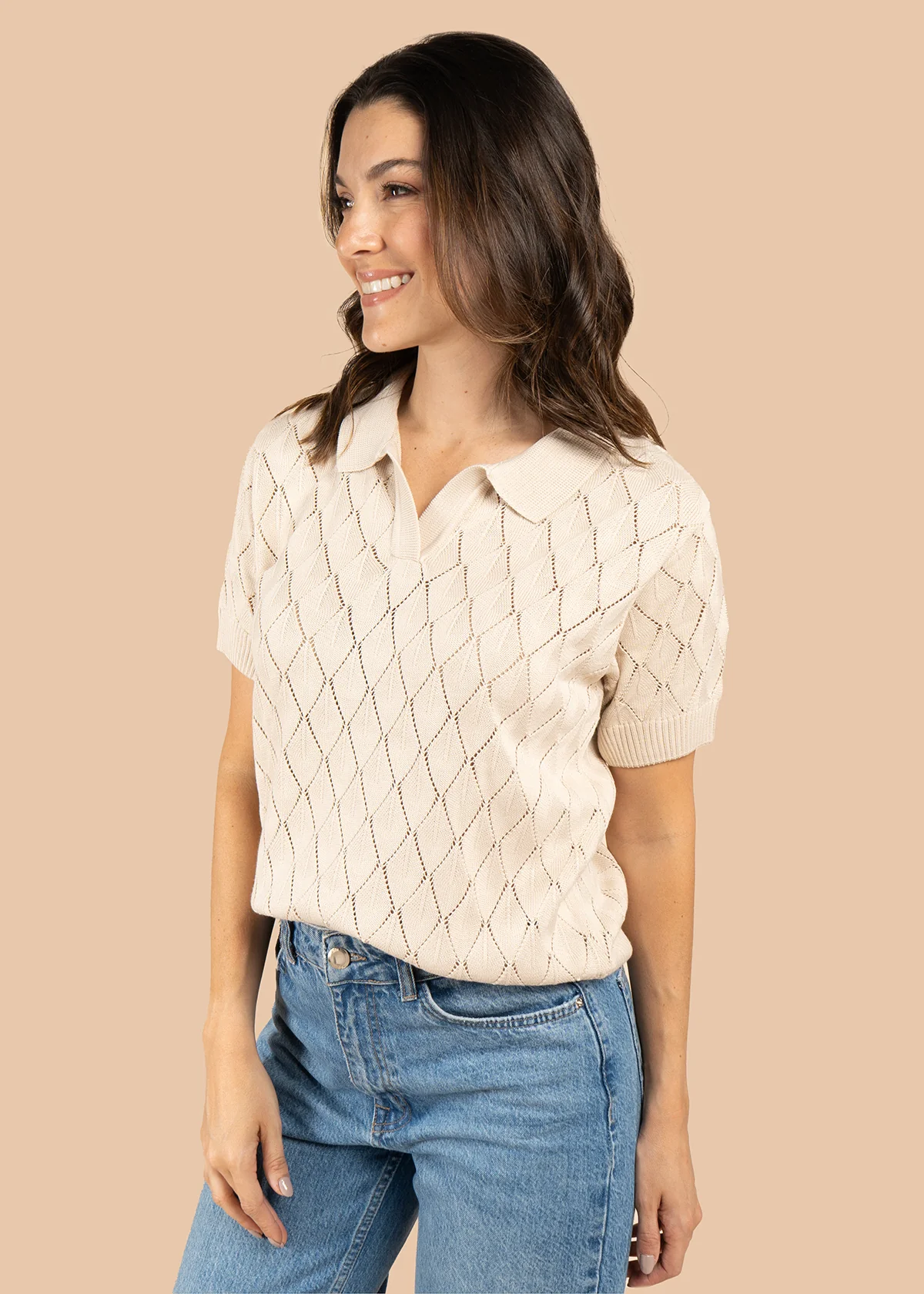 Blusa tejida color beige de manga corta con cuello polo 105748 - Image 4