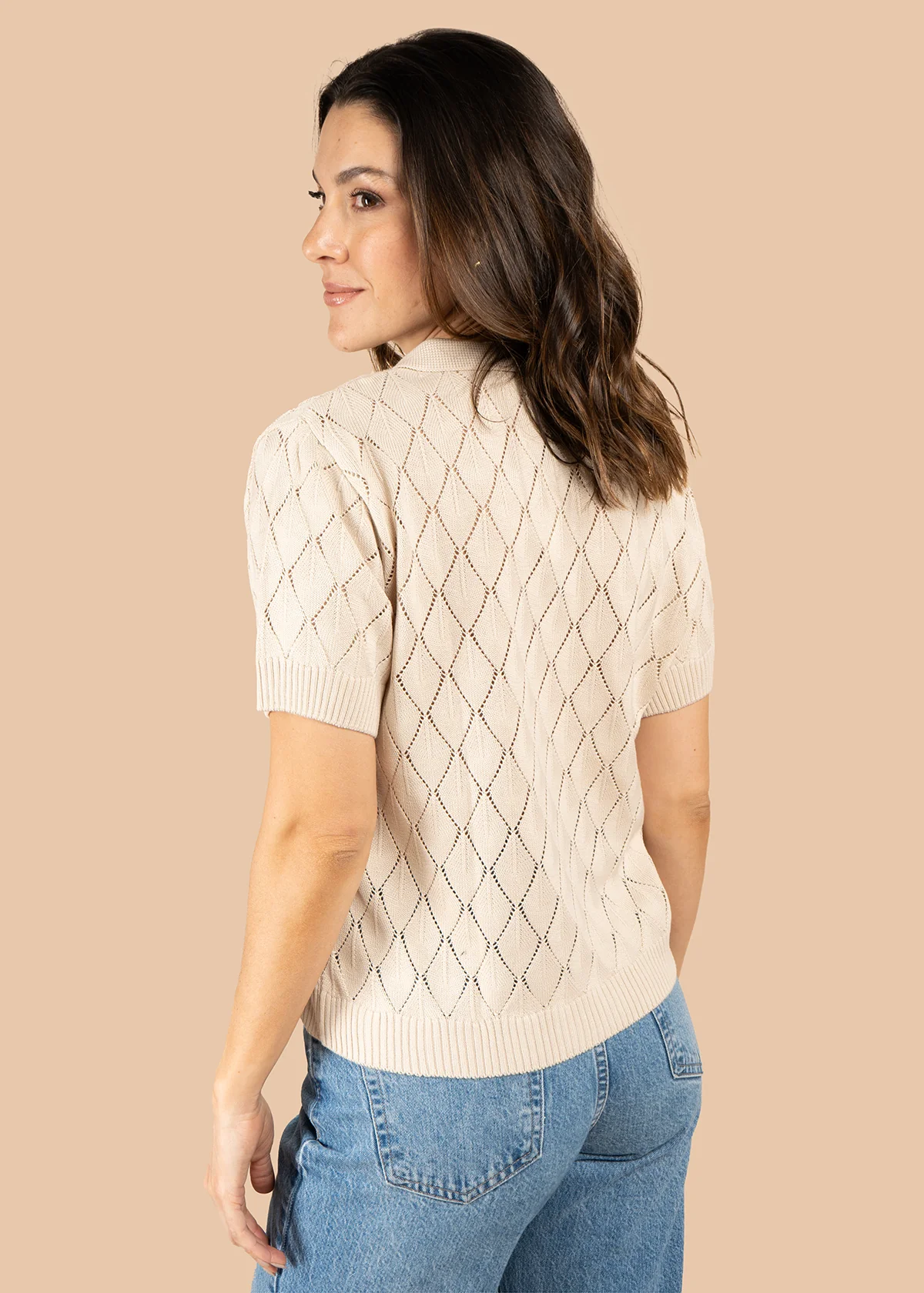 Blusa tejida color beige de manga corta con cuello polo 105748 - Image 5