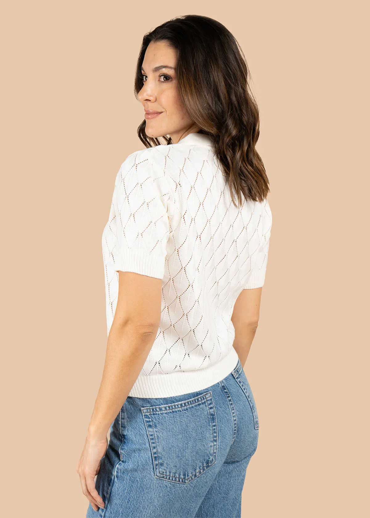 Blusa tejida color marfil de manga corta con cuello polo 105748 - Image 3