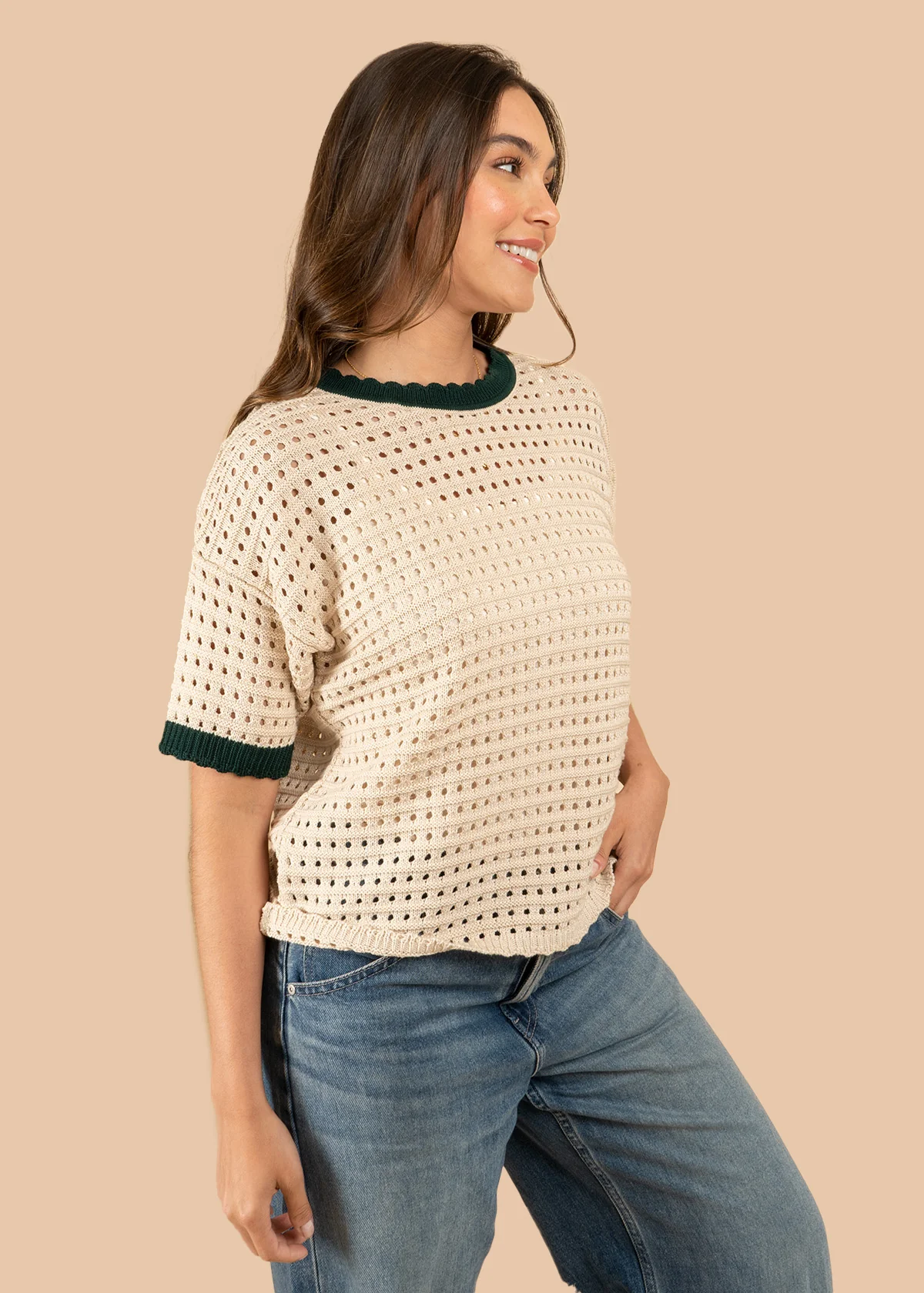 Blusa tejida color verde tipo perforado manga corta 106459 - Image 4