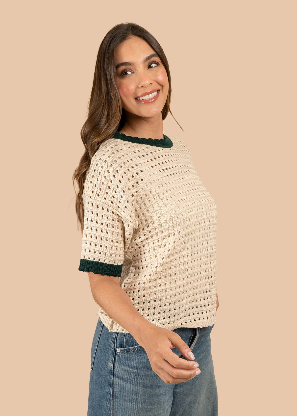 Blusa tejida color verde tipo perforado manga corta 106459 - Image 5