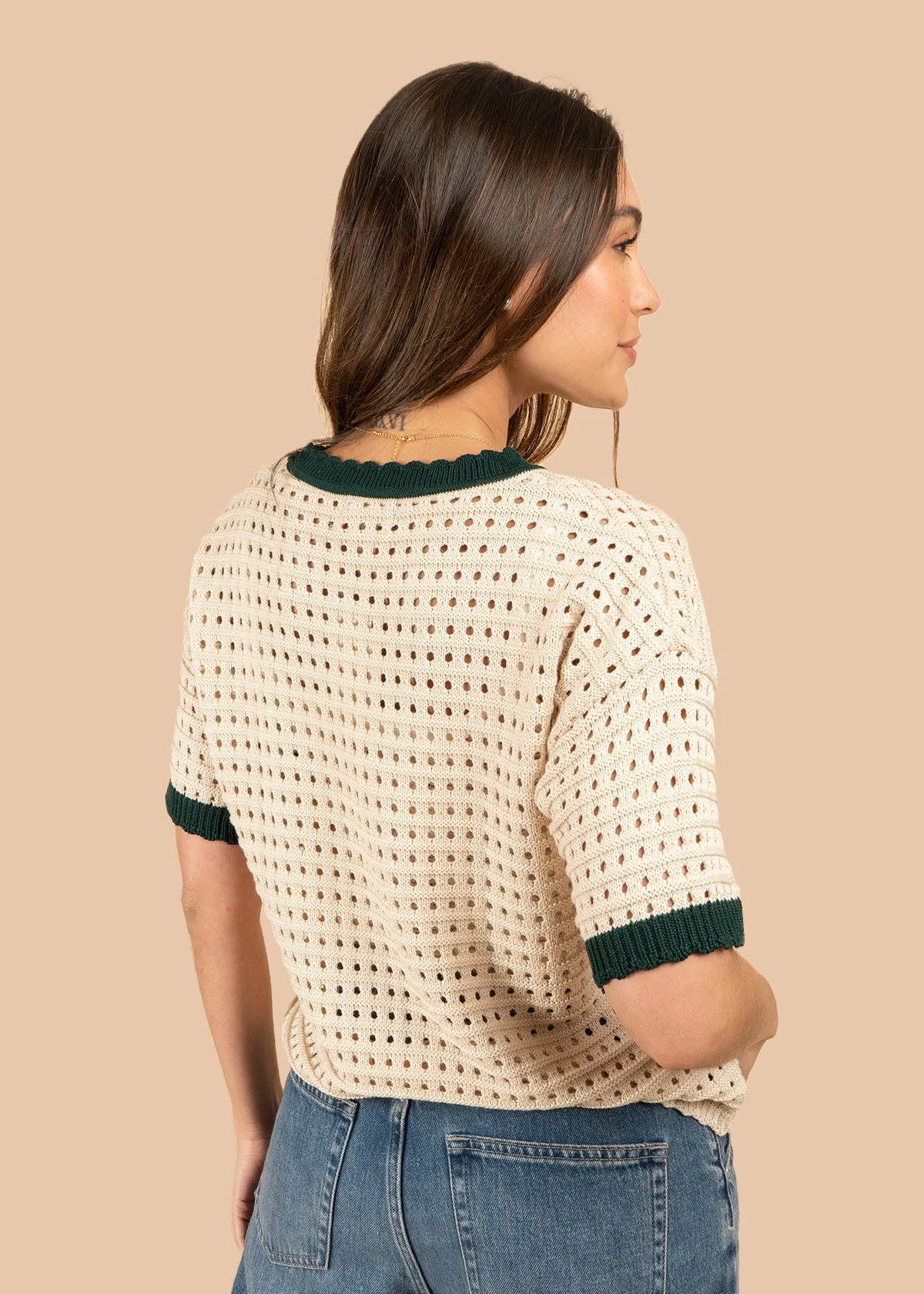 Blusa tejida color verde tipo perforado manga corta 106459 - Image 6