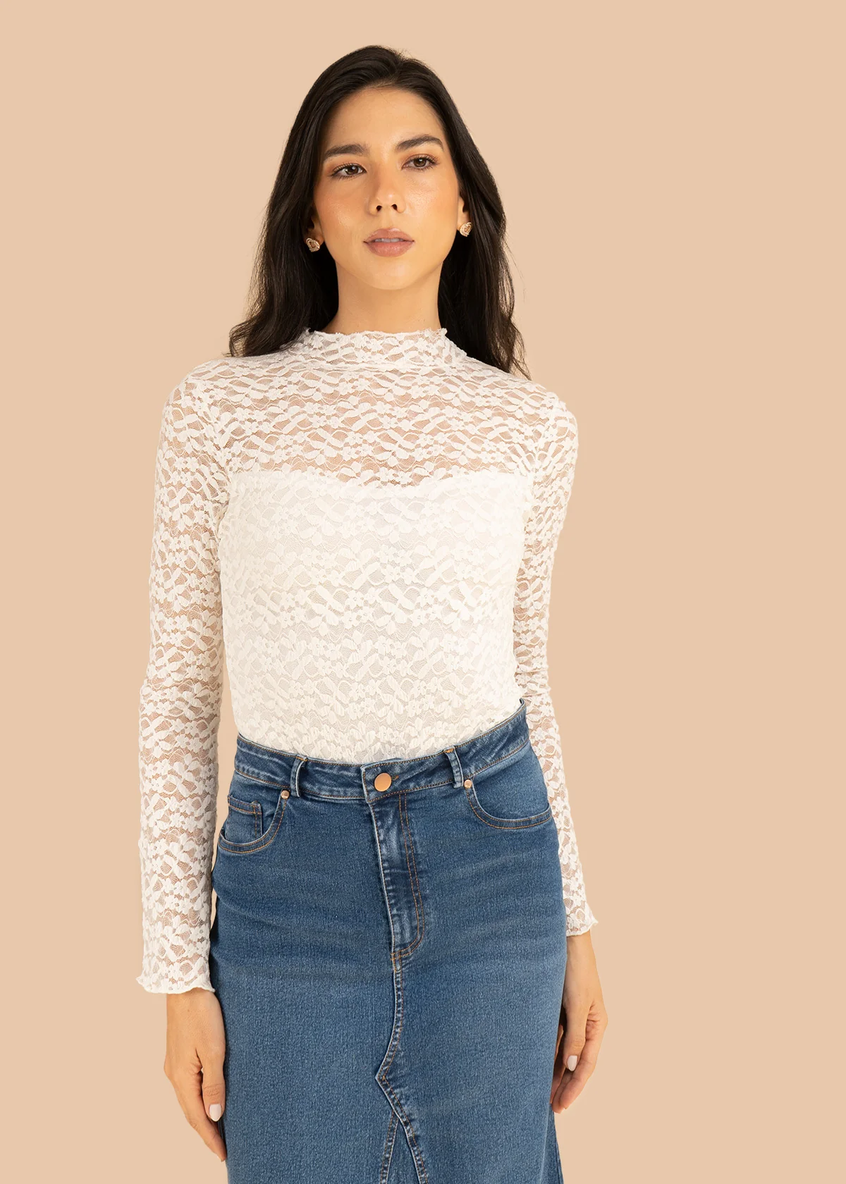 Body color marfil en encaje floral y manga larga 106377 - Image 4