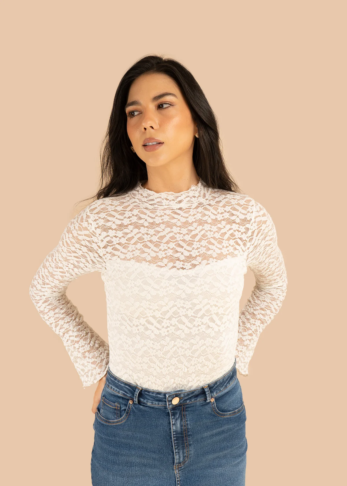 Body color marfil en encaje floral y manga larga 106377 - Image 7