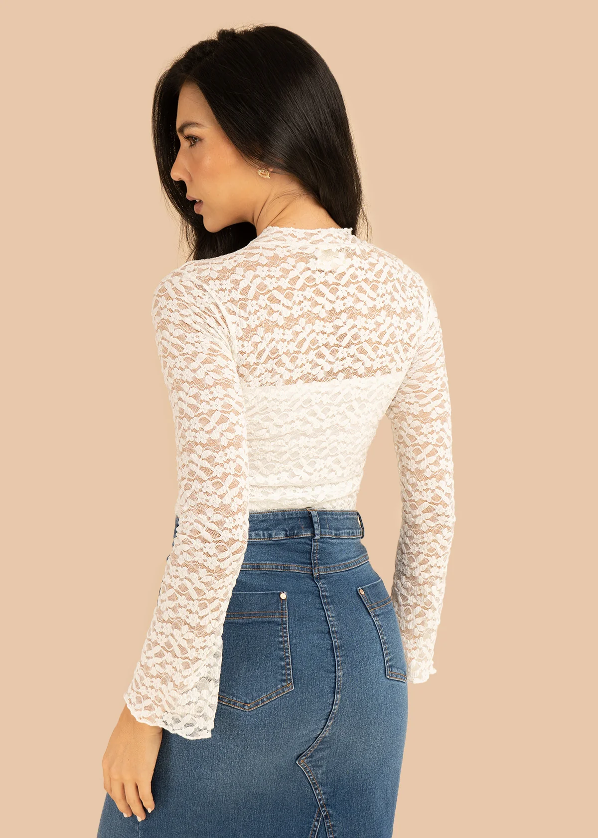 Body color marfil en encaje floral y manga larga 106377 - Image 8