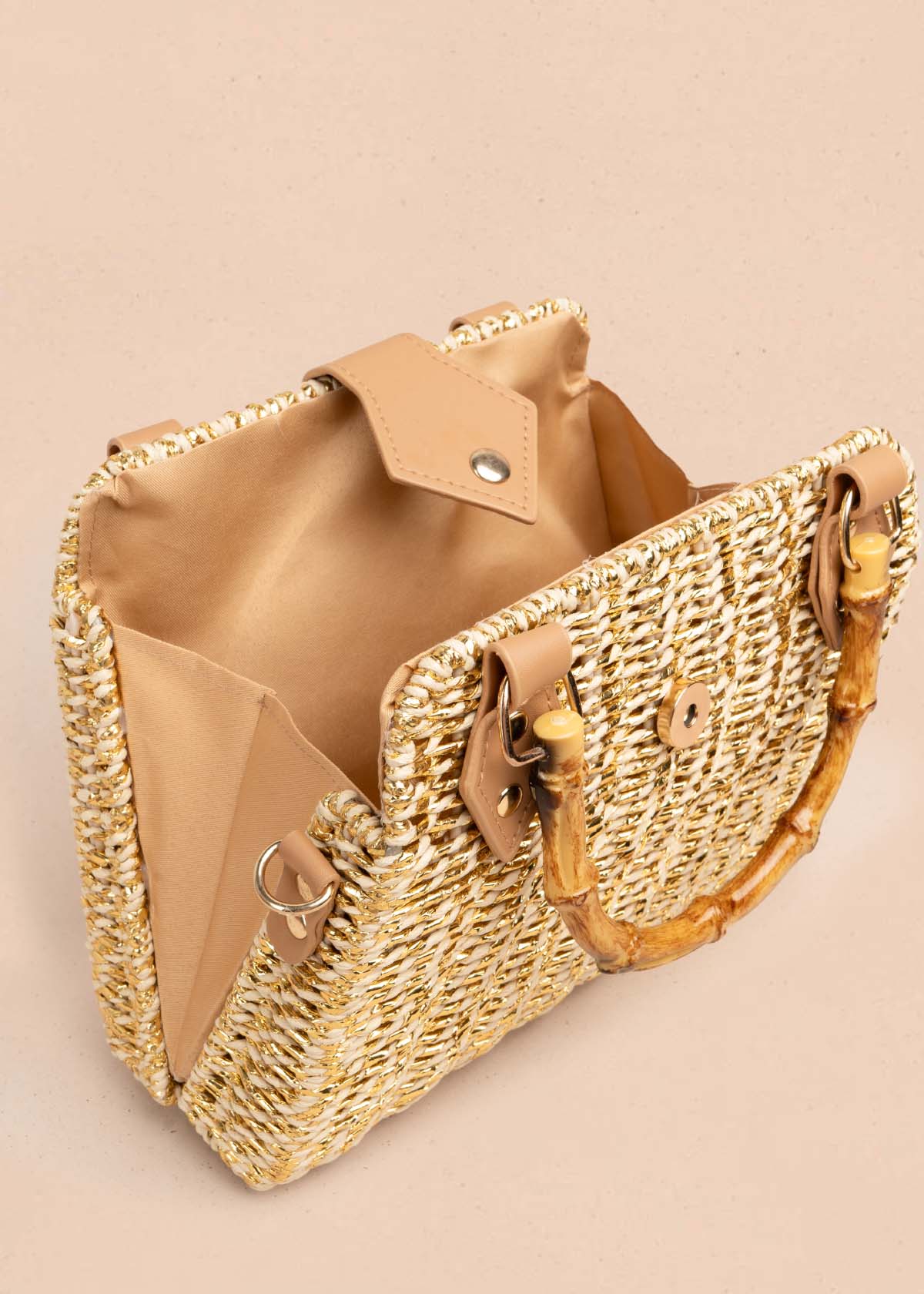 Bolso de mano tipo canasta con asa de bambú color beige 105940 - Image 3