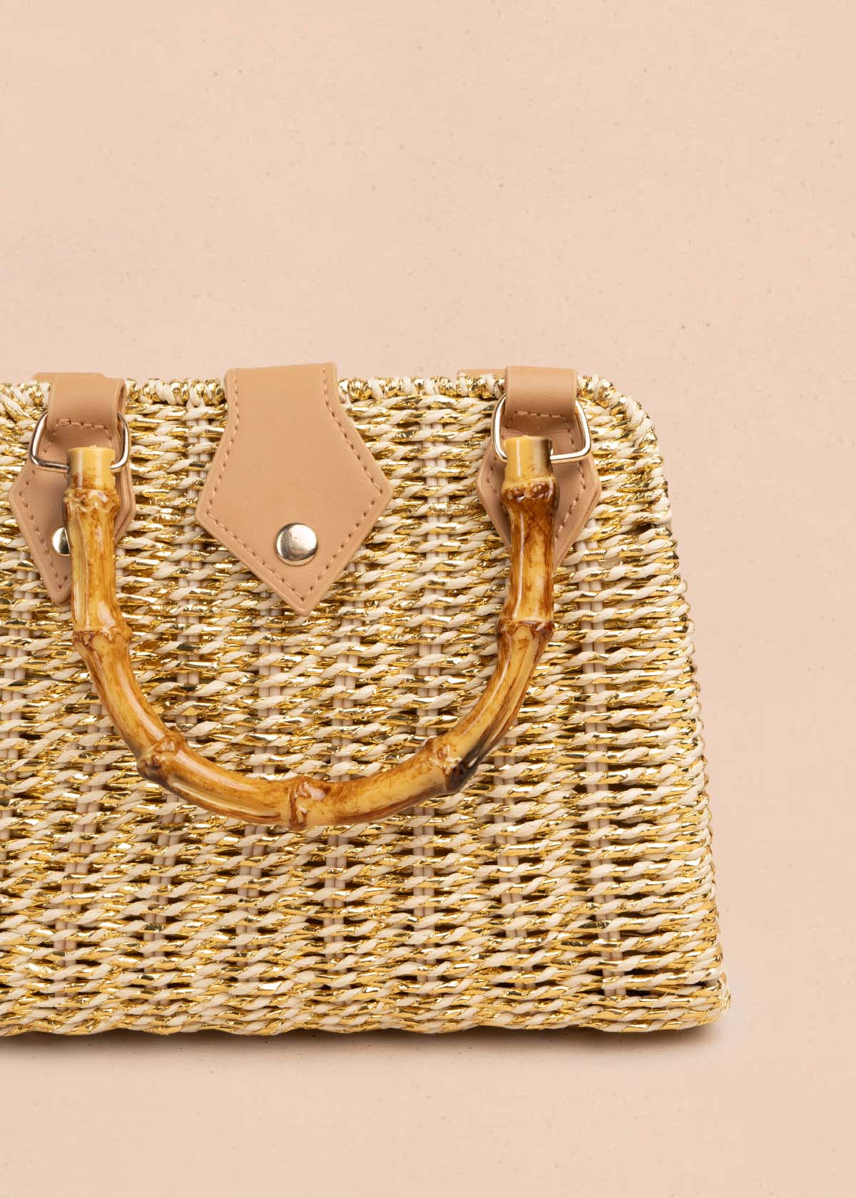 Bolso de mano tipo canasta con asa de bambú color beige 105940 - Image 4