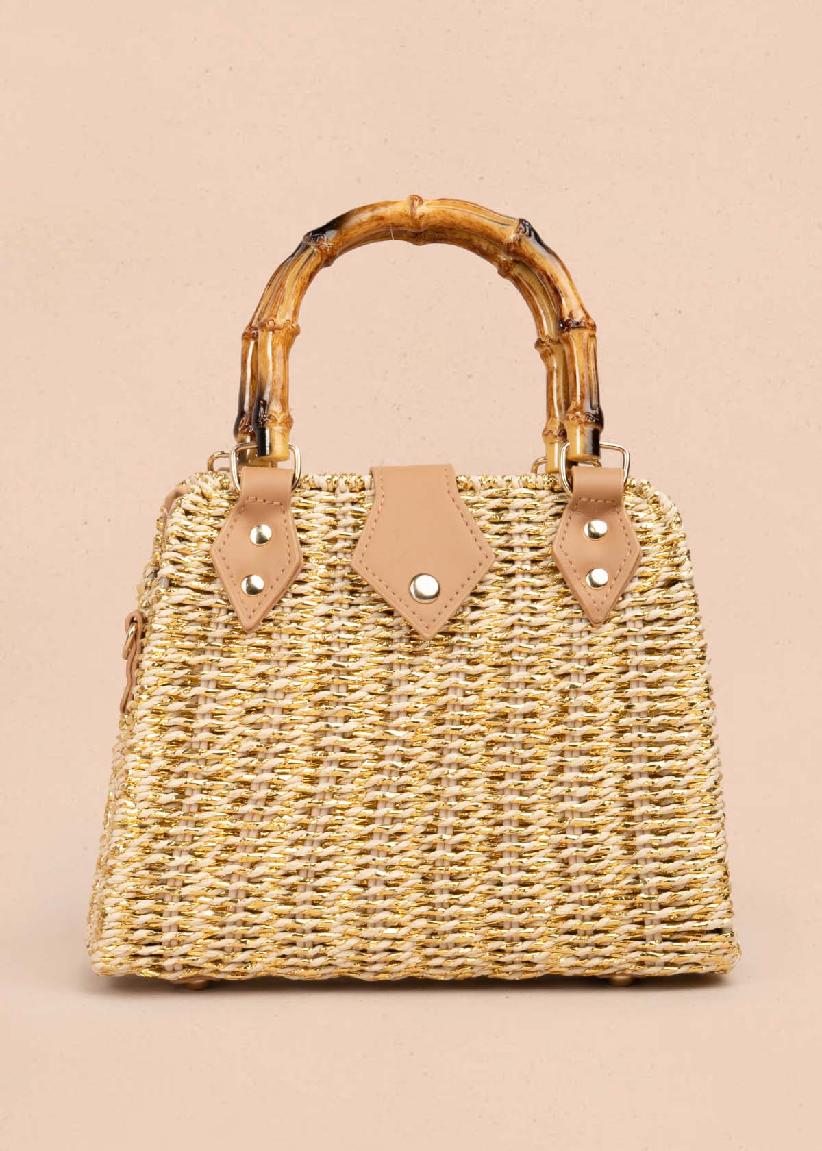 Bolso de mano tipo canasta con asa de bambú color beige 105940 - Image 5