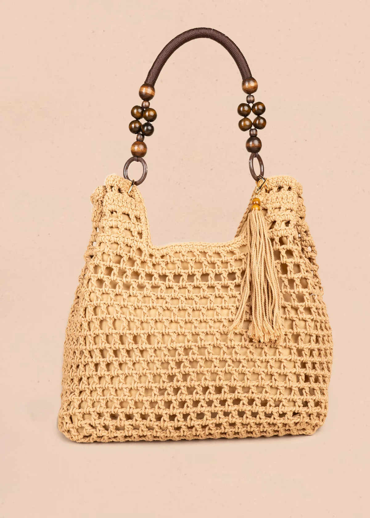 Bolso tipo shopping color caqui tejido calado con borla decorativa 106845