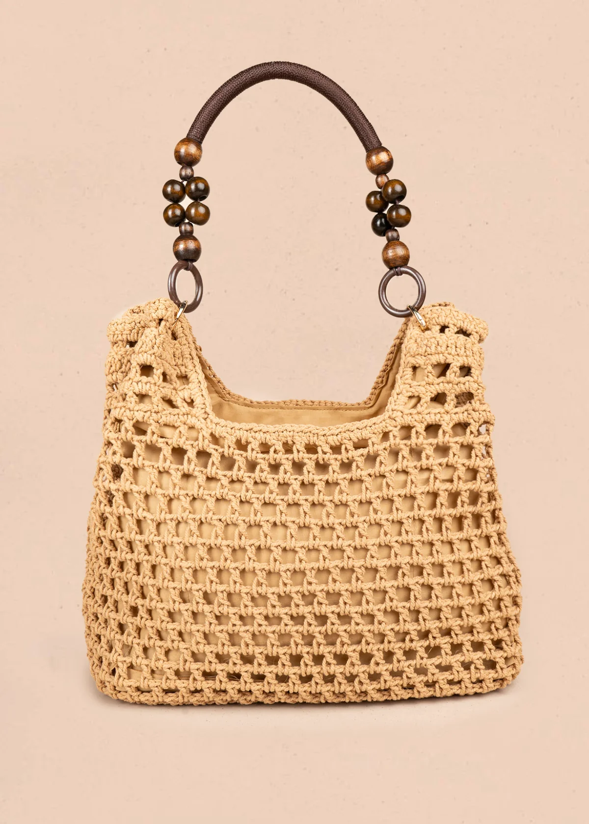 Bolso tipo shopping color caqui tejido calado con borla decorativa 106845 - Image 4
