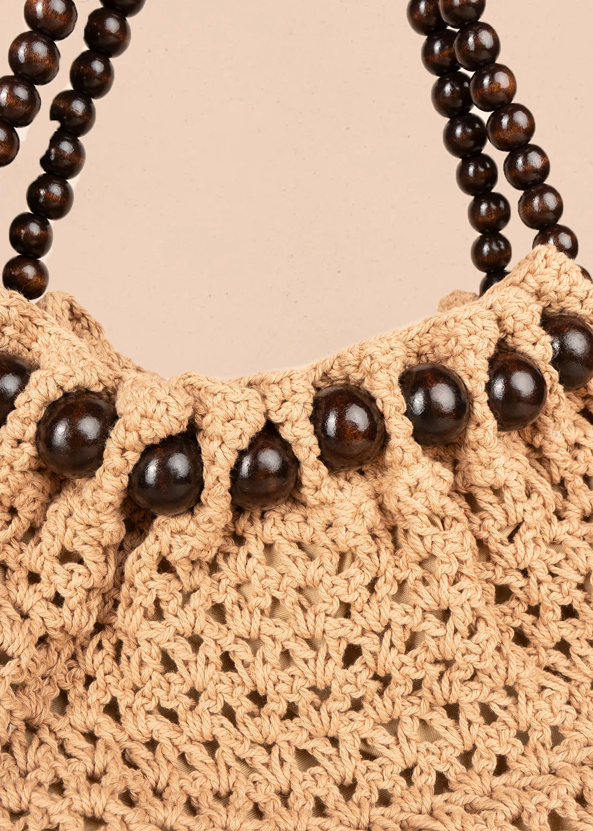 Bolso tipo shopping color caqui tejido con asa de esferas de madera 106846 - Image 2