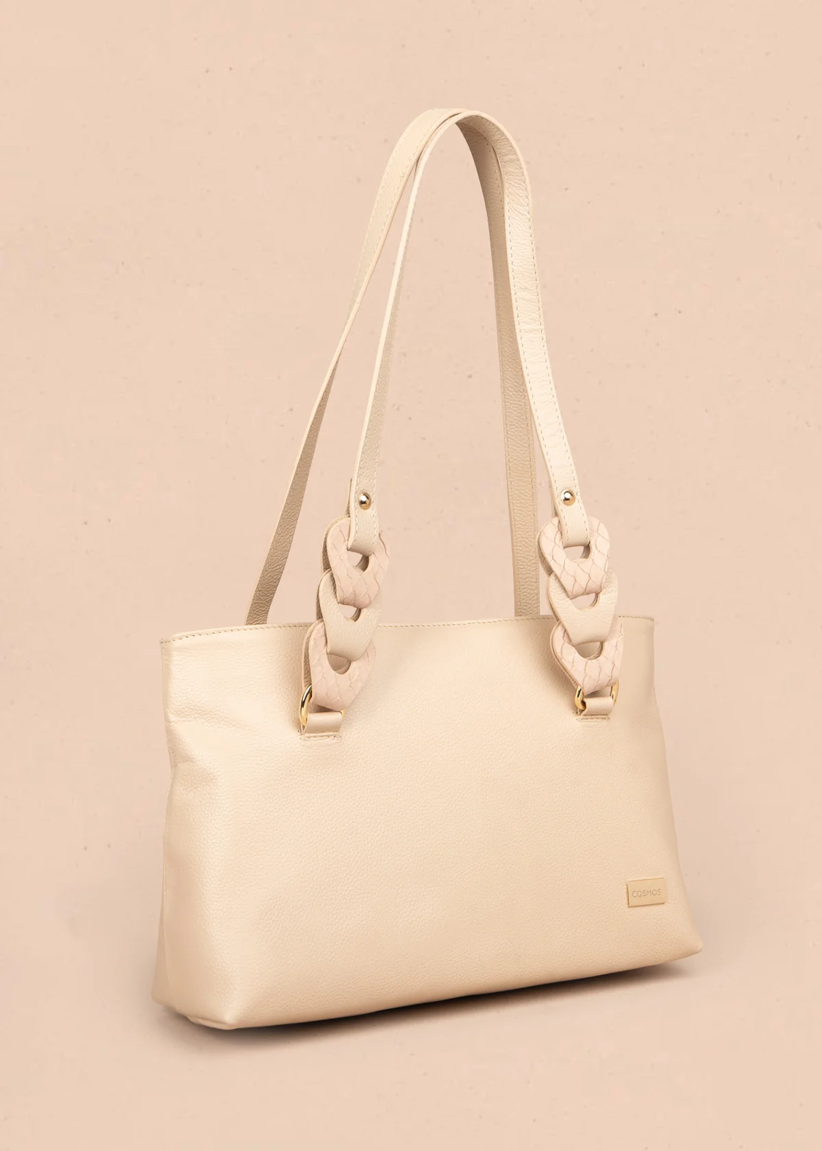 Bolso tipo cartera en cuero color beige con asas en eslabón 105784 - Image 3