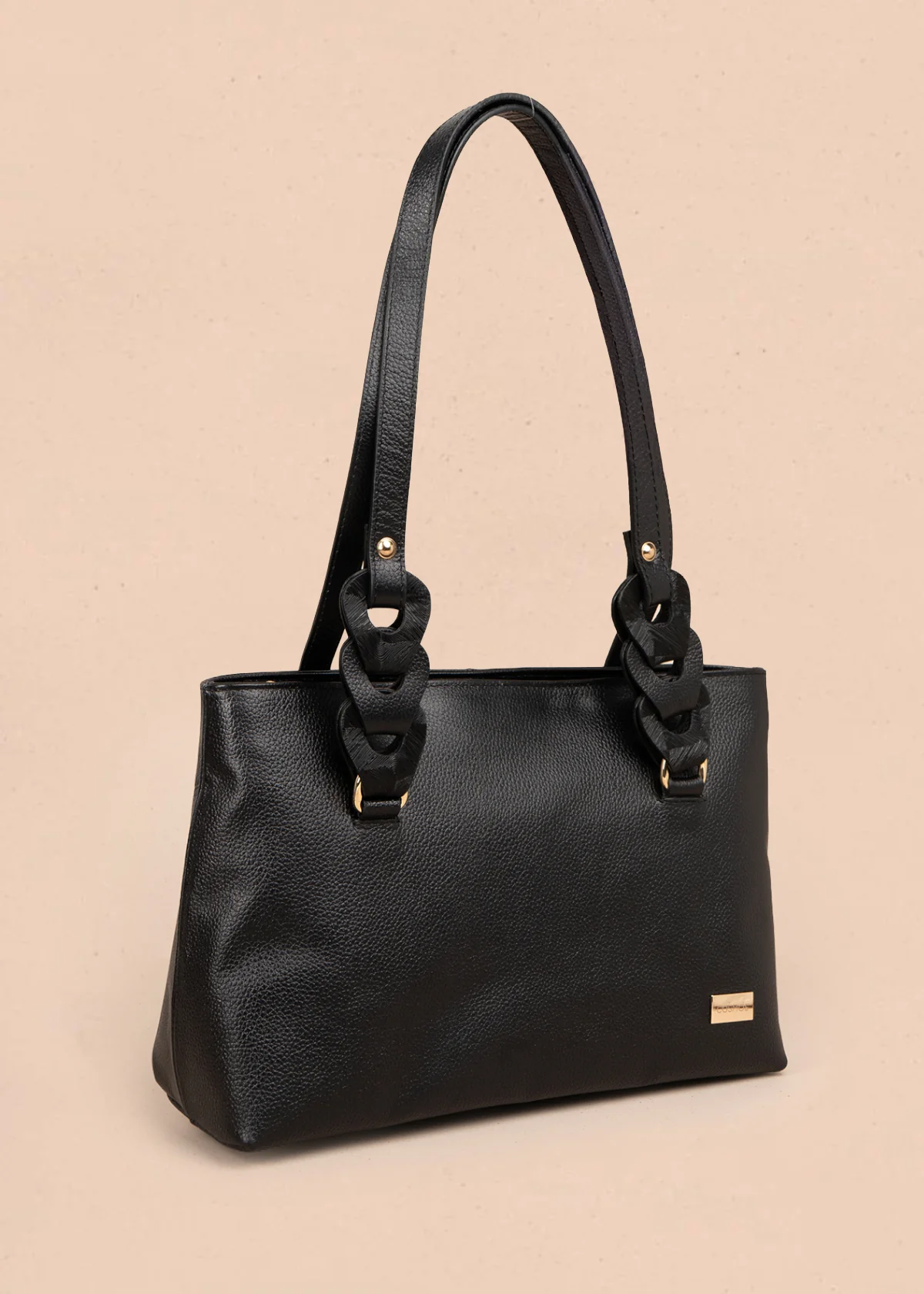 Bolso tipo cartera en cuero color negro con asas en eslabón 105784 - Image 2
