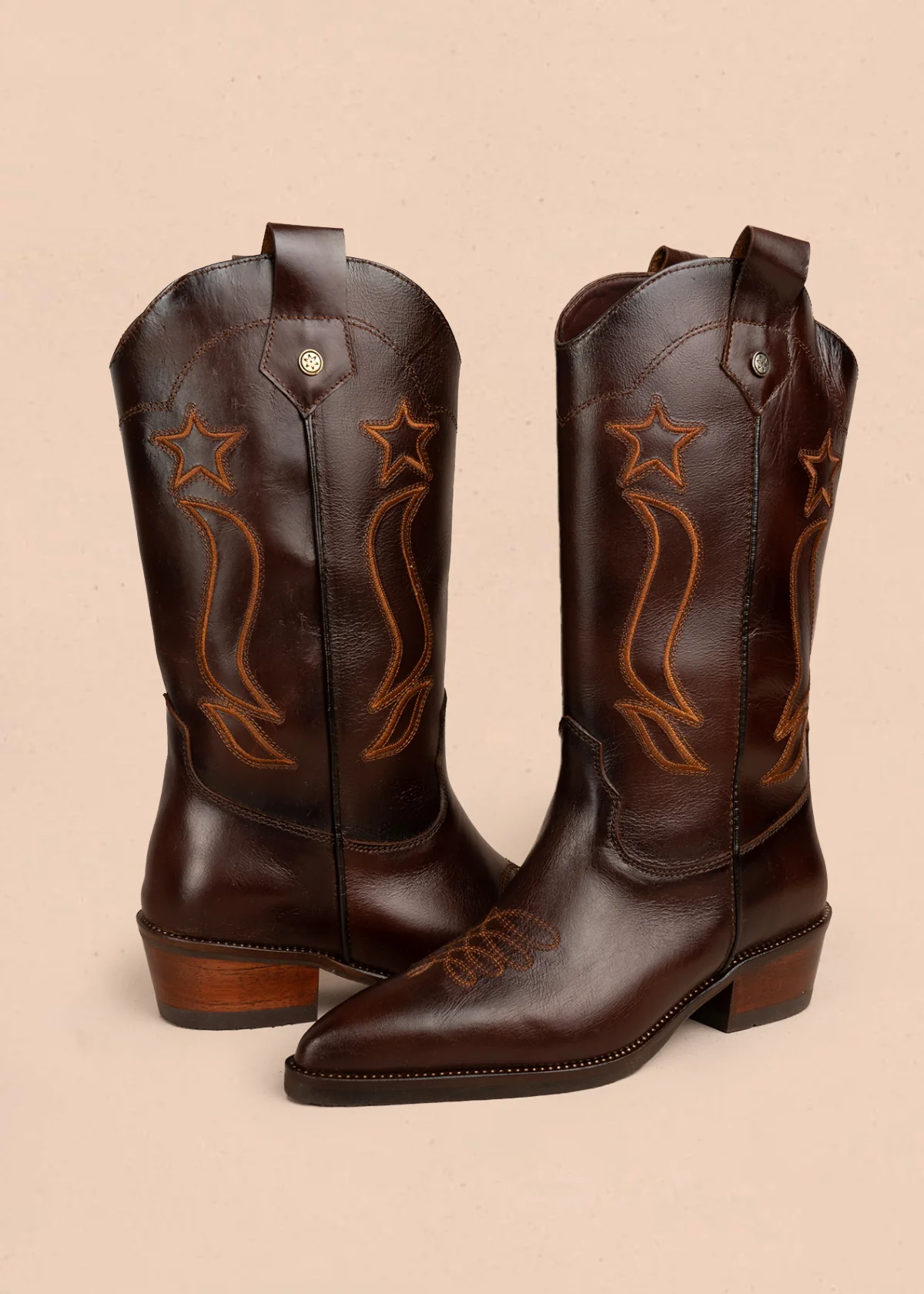 Bota texana en cuero color café con bordado de estrellas y líneas curvas 105950 - Image 5