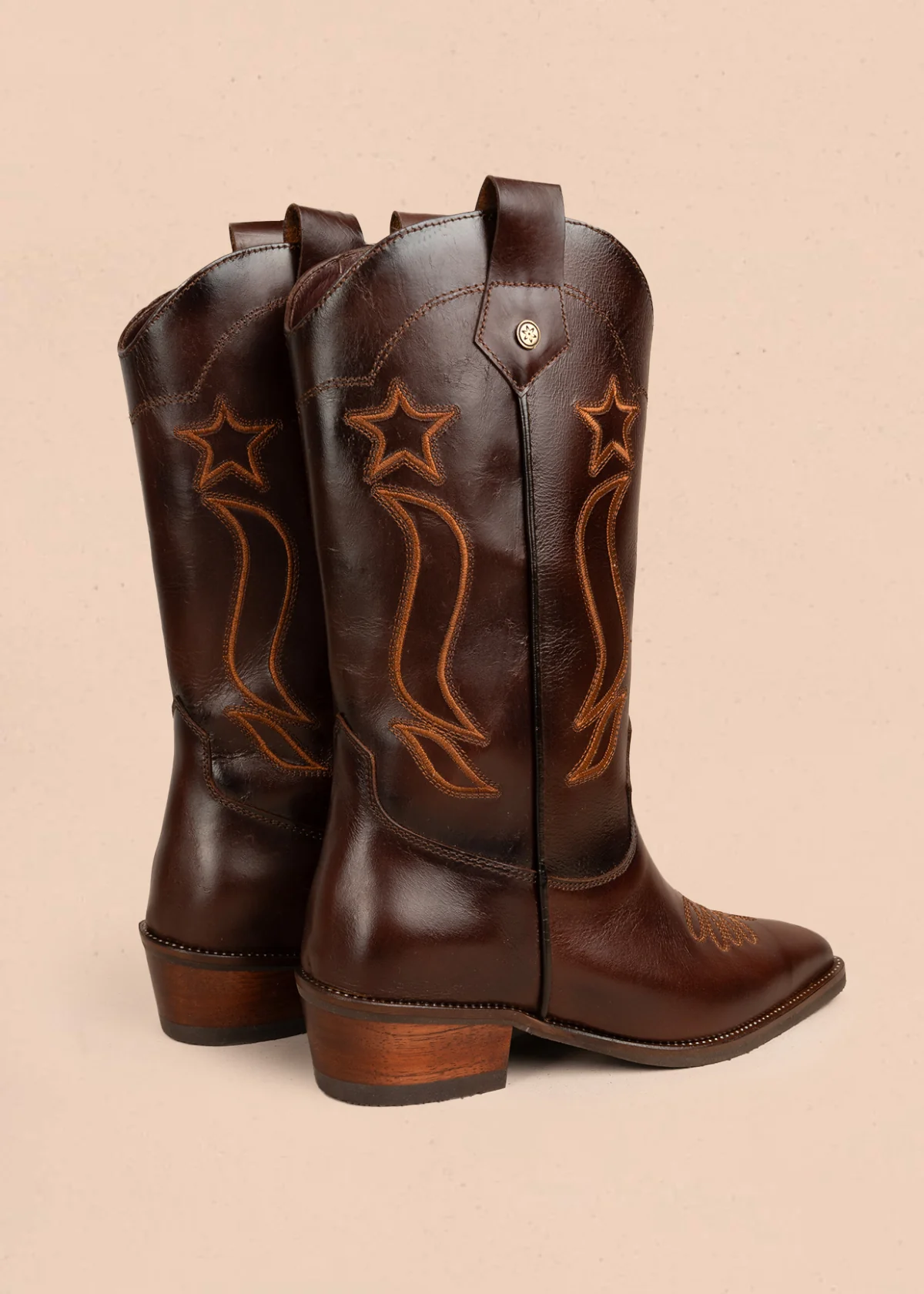 Bota texana en cuero color café con bordado de estrellas y líneas curvas 105950 - Image 6