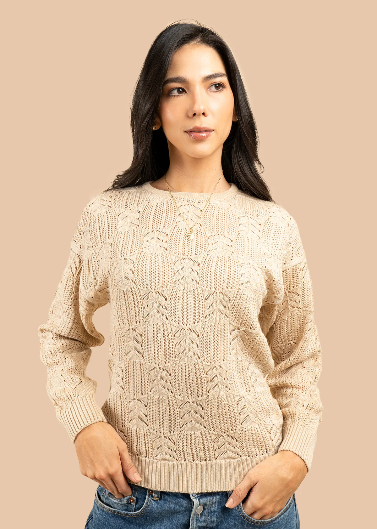 Buzo color beige tejido calado hojas 106756 - Image 4