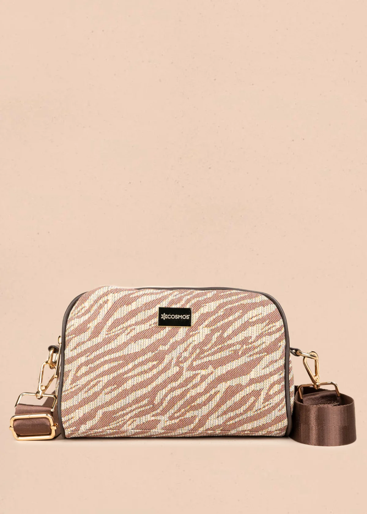 Cartera cruzada de tela color café con estampado cebra 106654