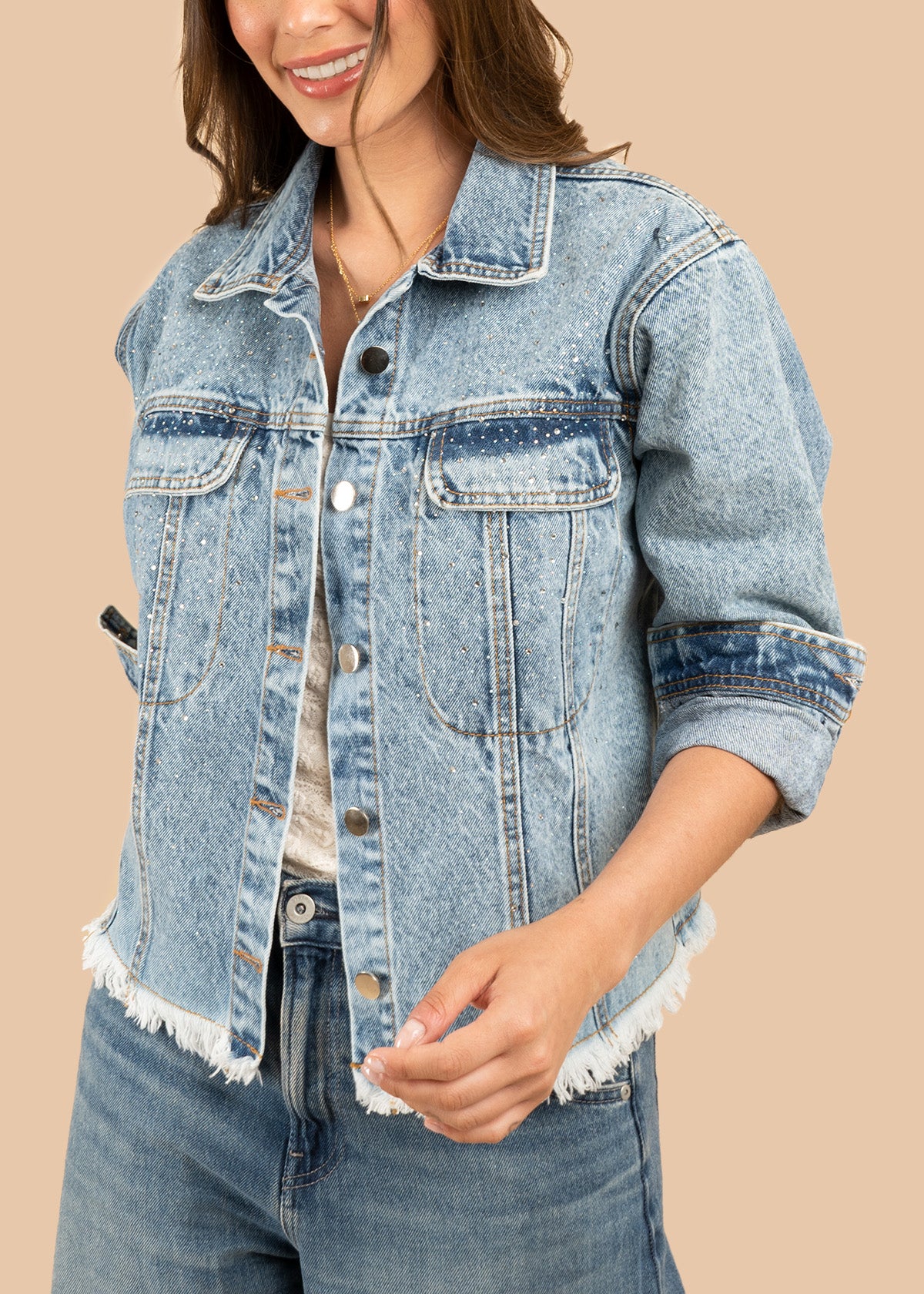 Chaqueta denim color azul con brillos y flecos 106802 - Image 4