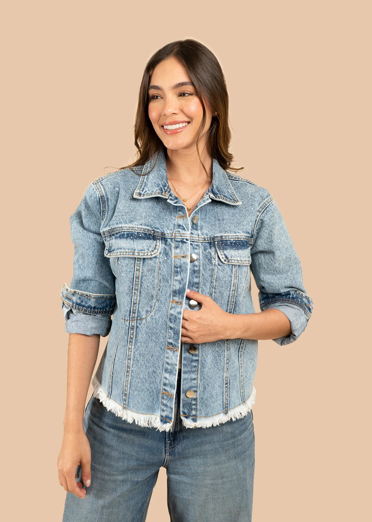 Chaqueta denim color azul con brillos y flecos 106802 - Image 6