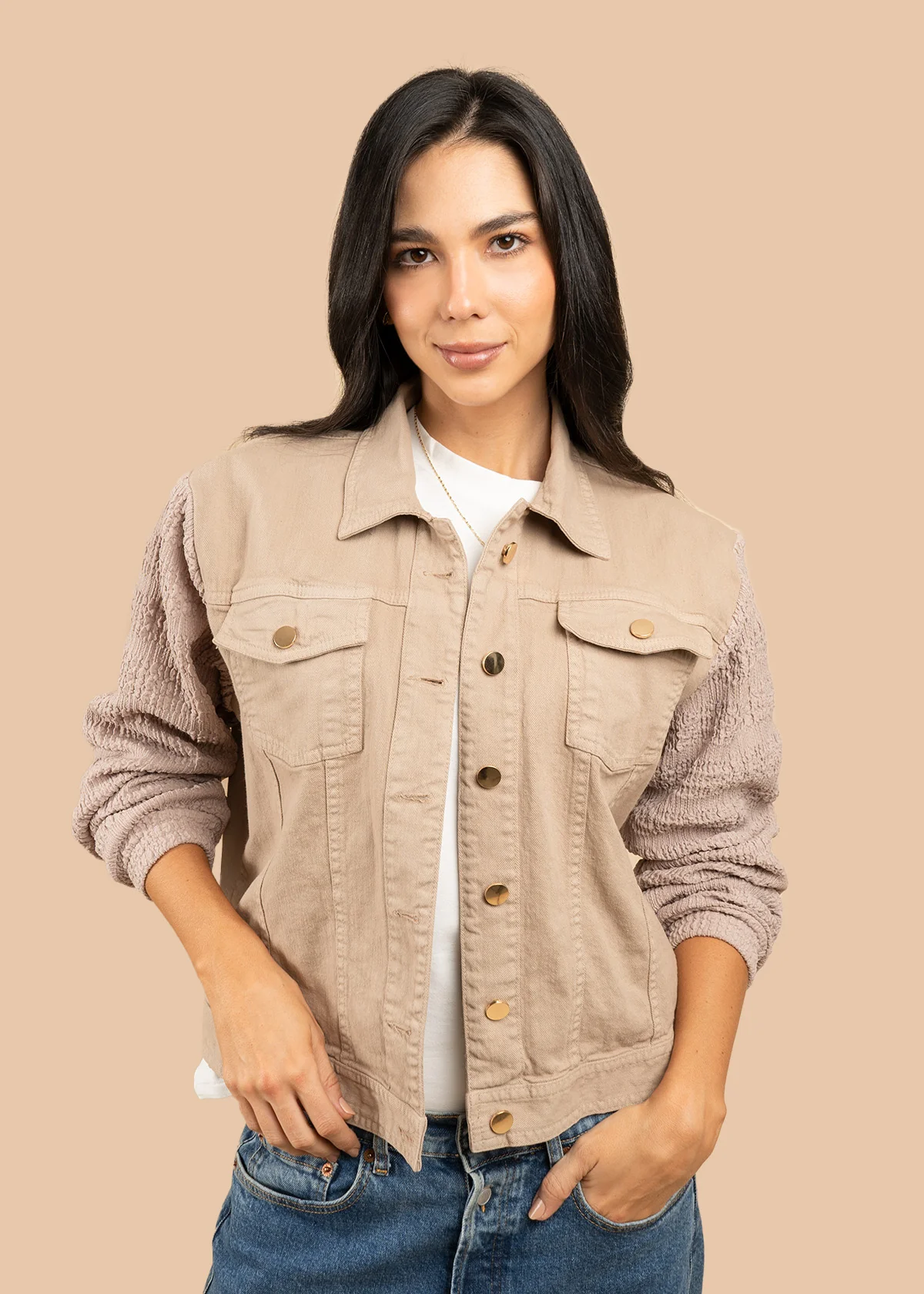 Chaqueta color beige con mangas texturizadas 106385 - Image 3