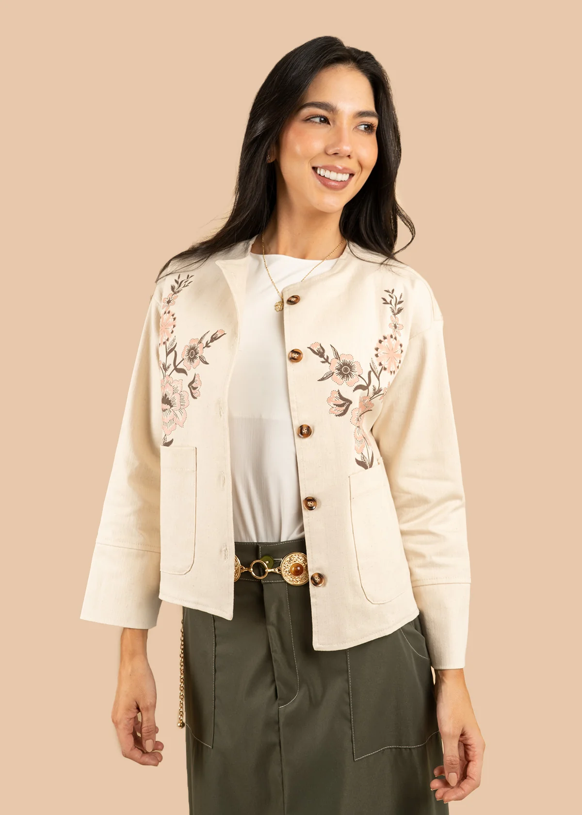 Chaqueta color beige con estampado floral 106580 - Image 2