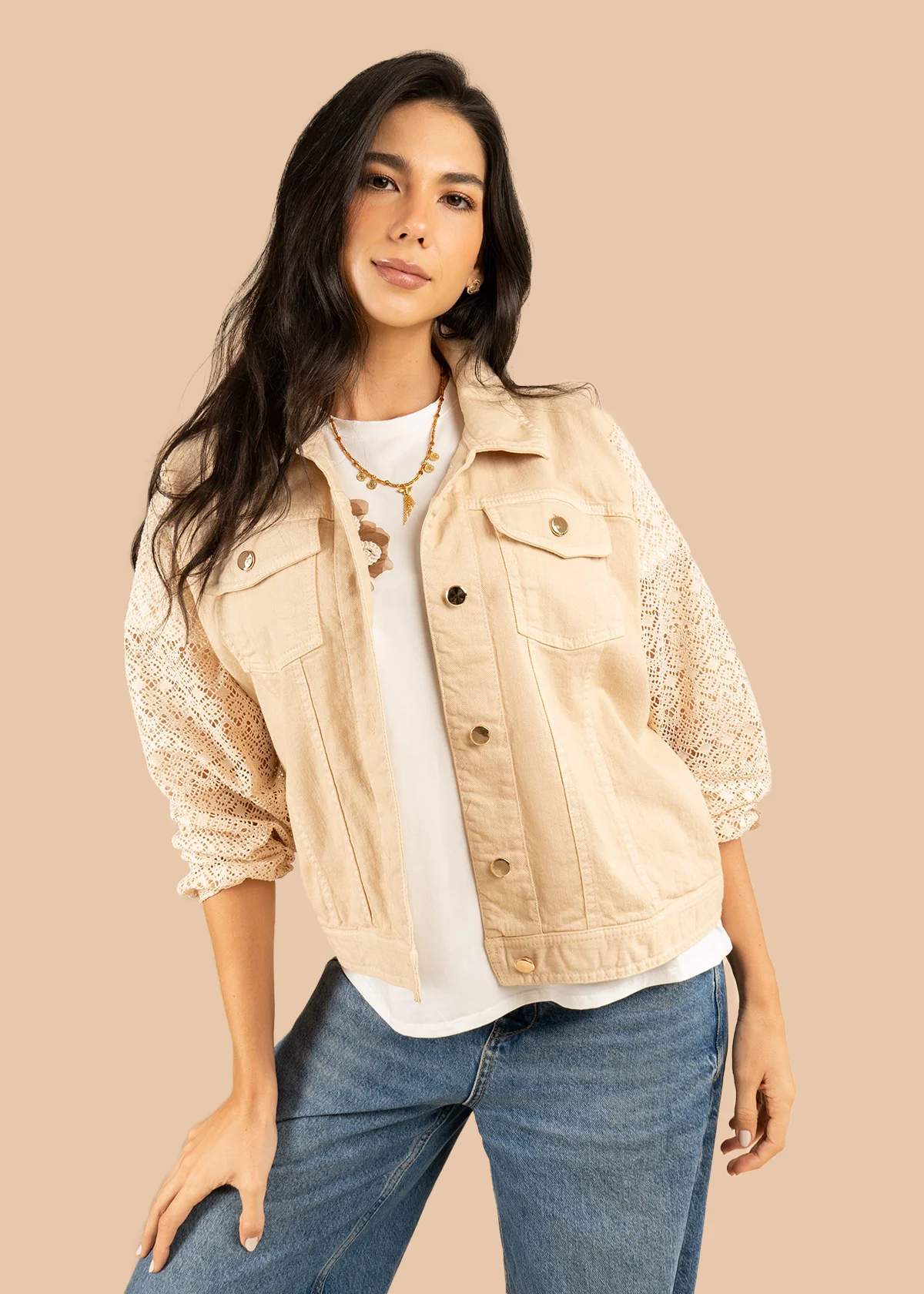 Chaqueta color arena en denim y mangas tejidas 106240 - Image 6