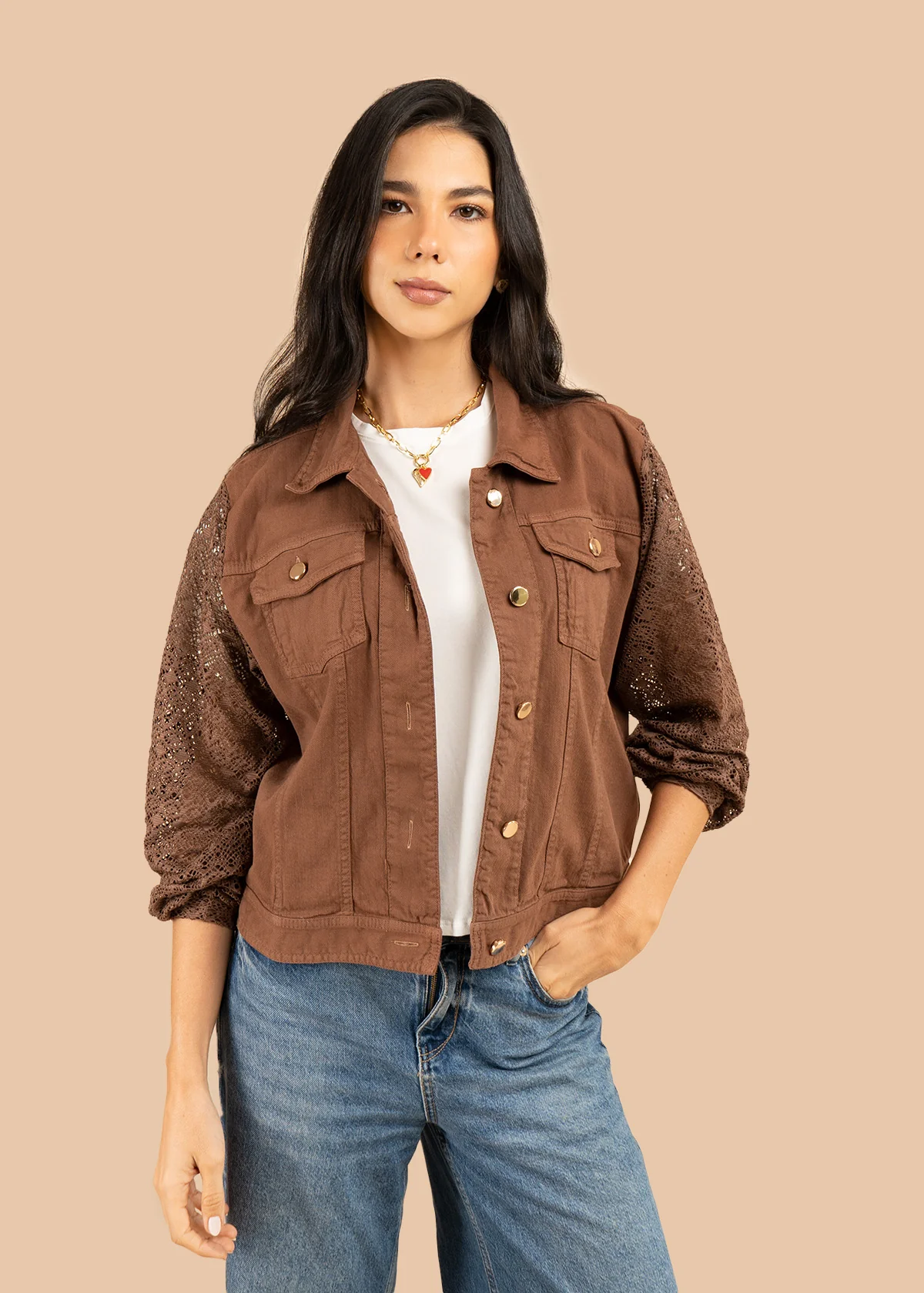 Chaqueta color café en denim y mangas tejidas 106240 - Image 2