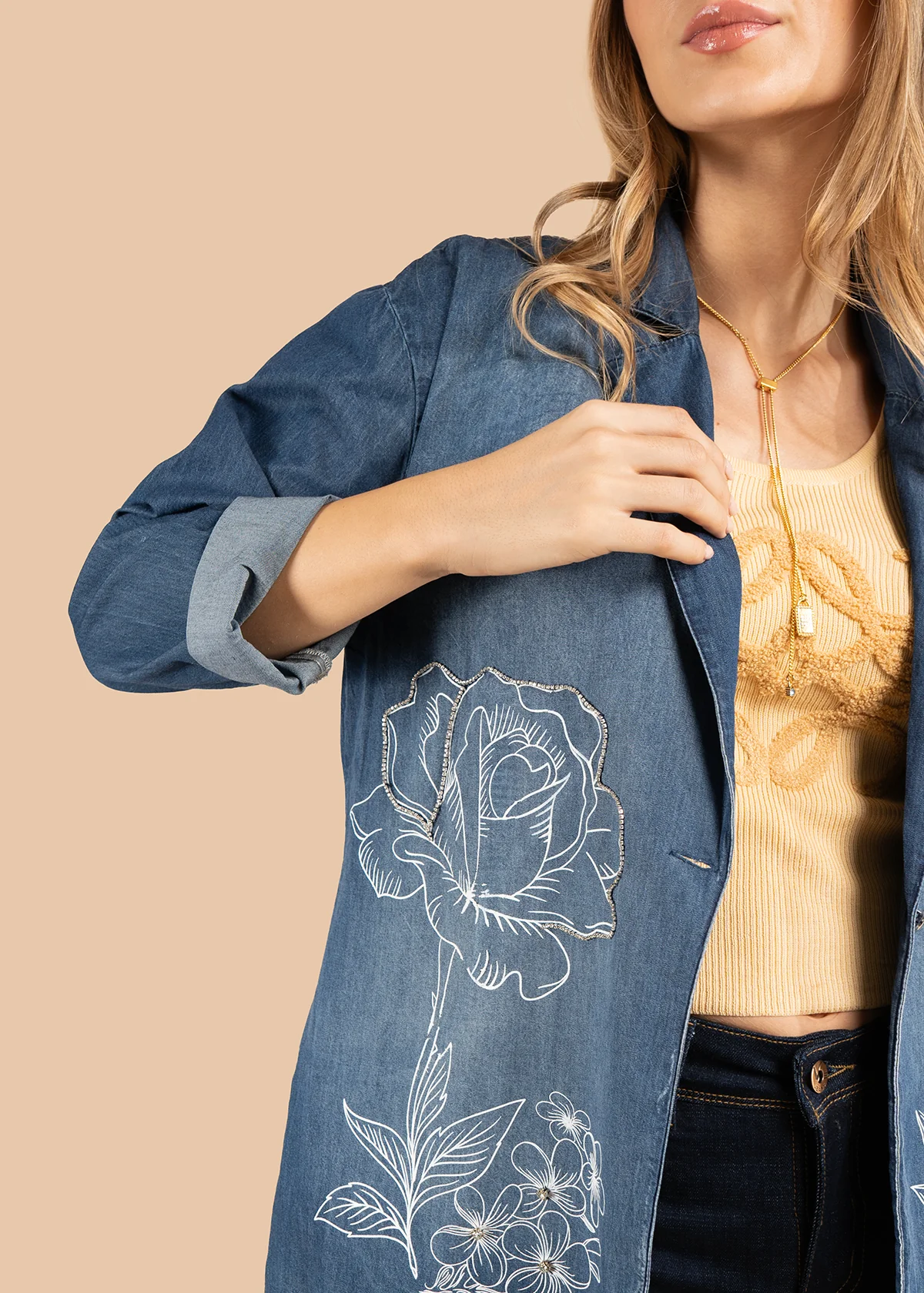 Chaqueta color azul con bordado de pájaro y motivos florales 105852 - Image 3