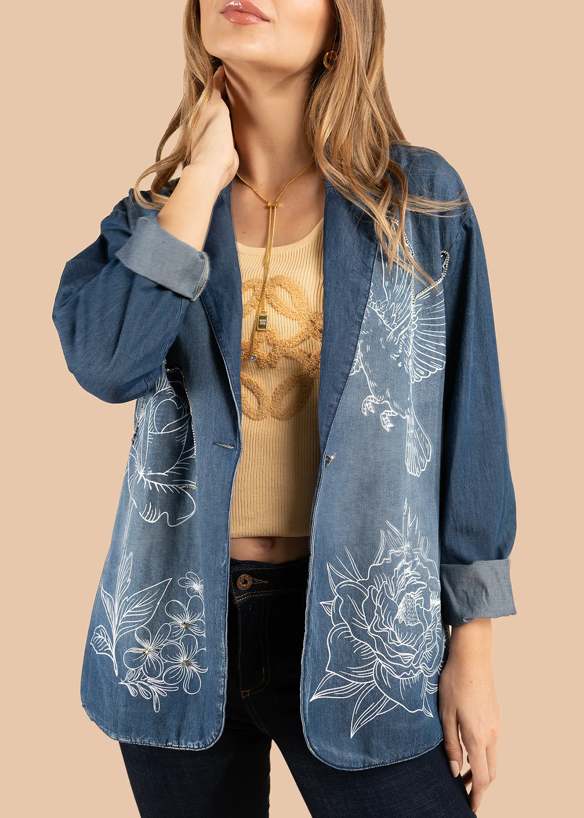 Chaqueta color azul con bordado de pájaro y motivos florales 105852 - Image 5