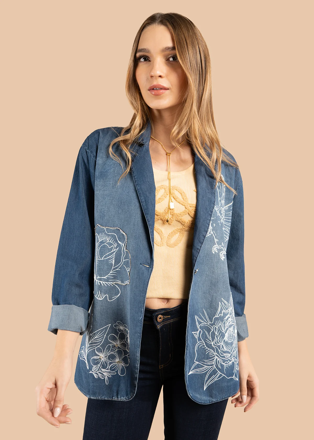 Chaqueta color azul con bordado de pájaro y motivos florales 105852 - Image 6