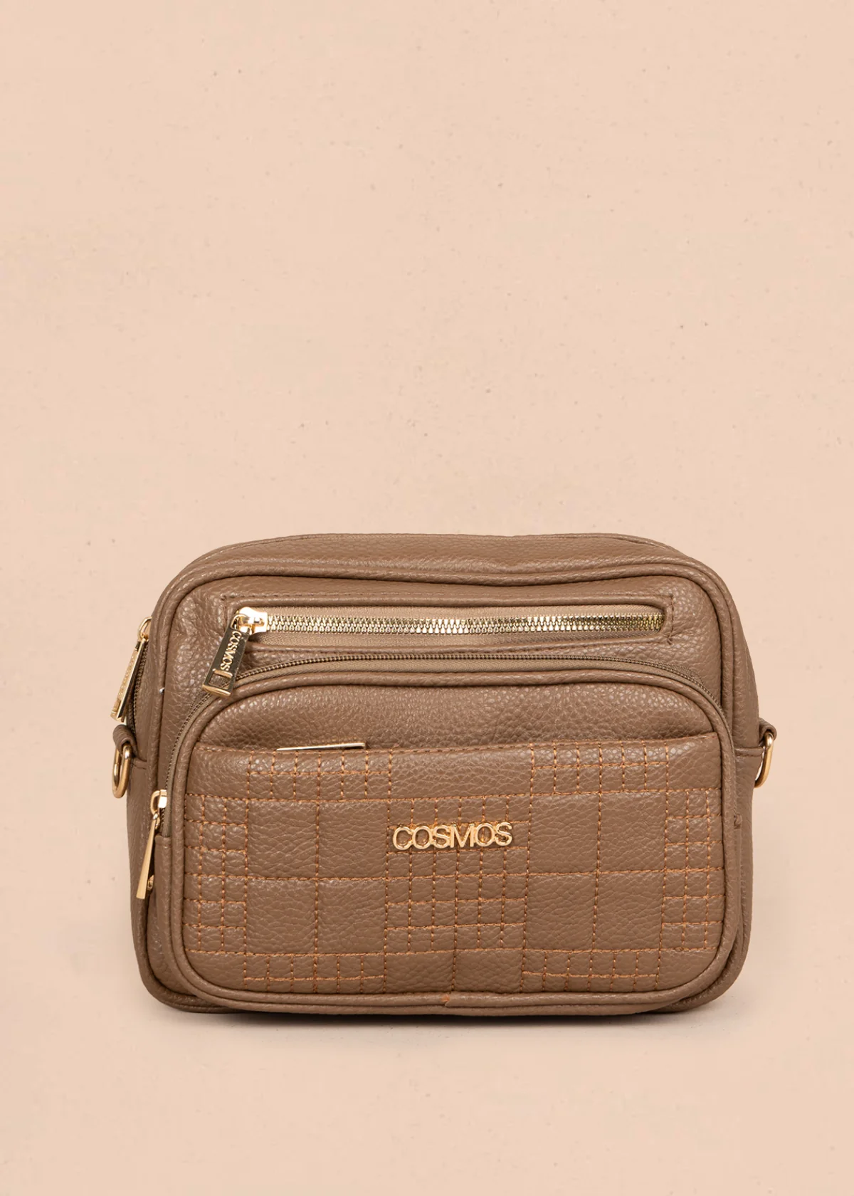 Bolso manos libres color café con doble cremallera dorada 106336