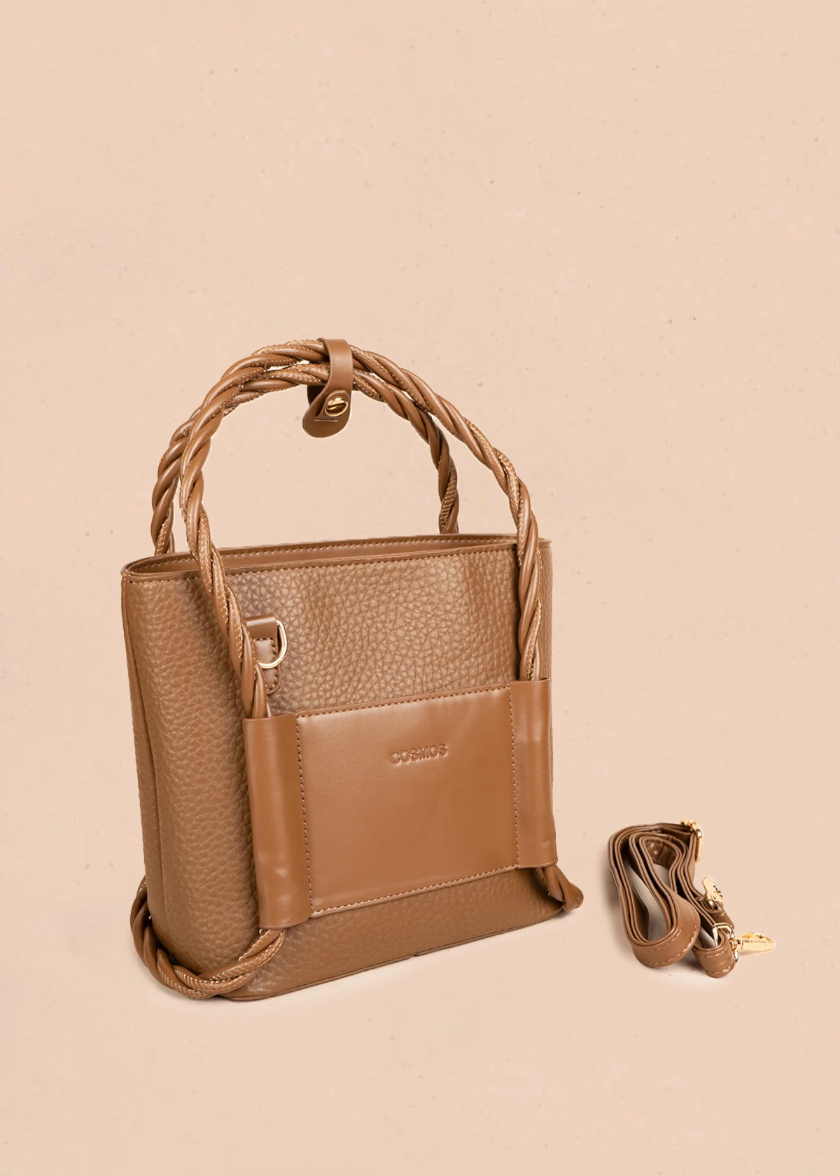 Bolso manos libres color café con asas trenzadas 106789 - Image 3