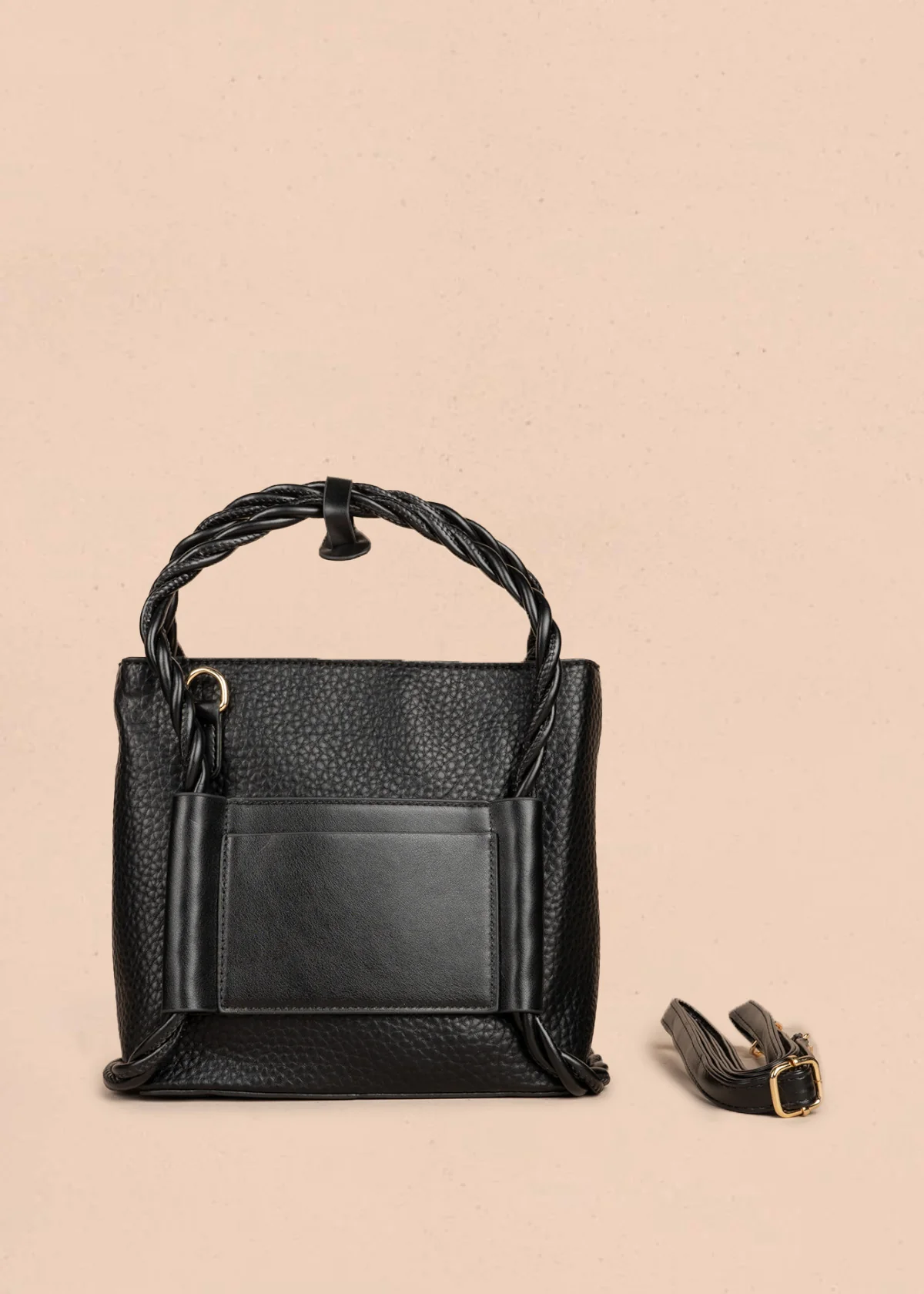 Bolso manos libres color negro con asas trenzadas 106789 - Image 4