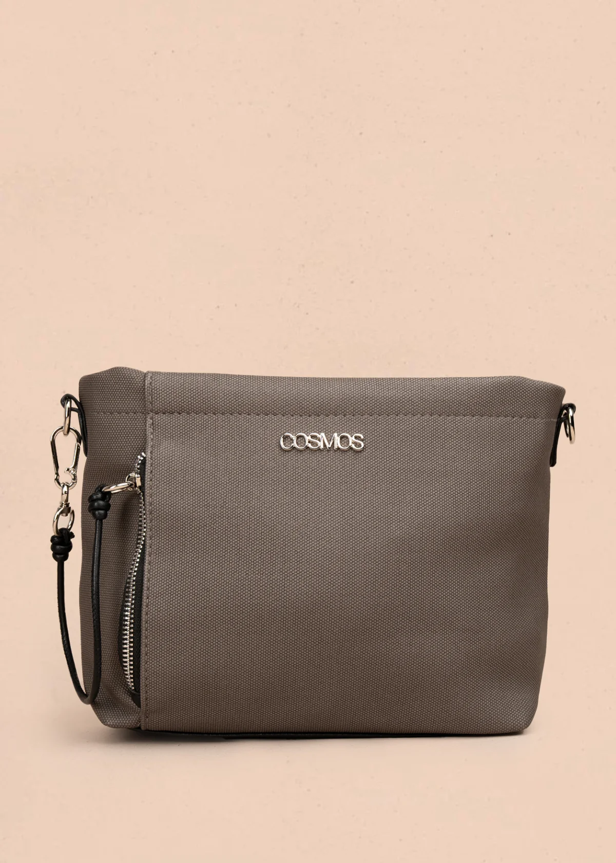 Bolso manos libres color gris con asa negra y bolsillo frontal 106982