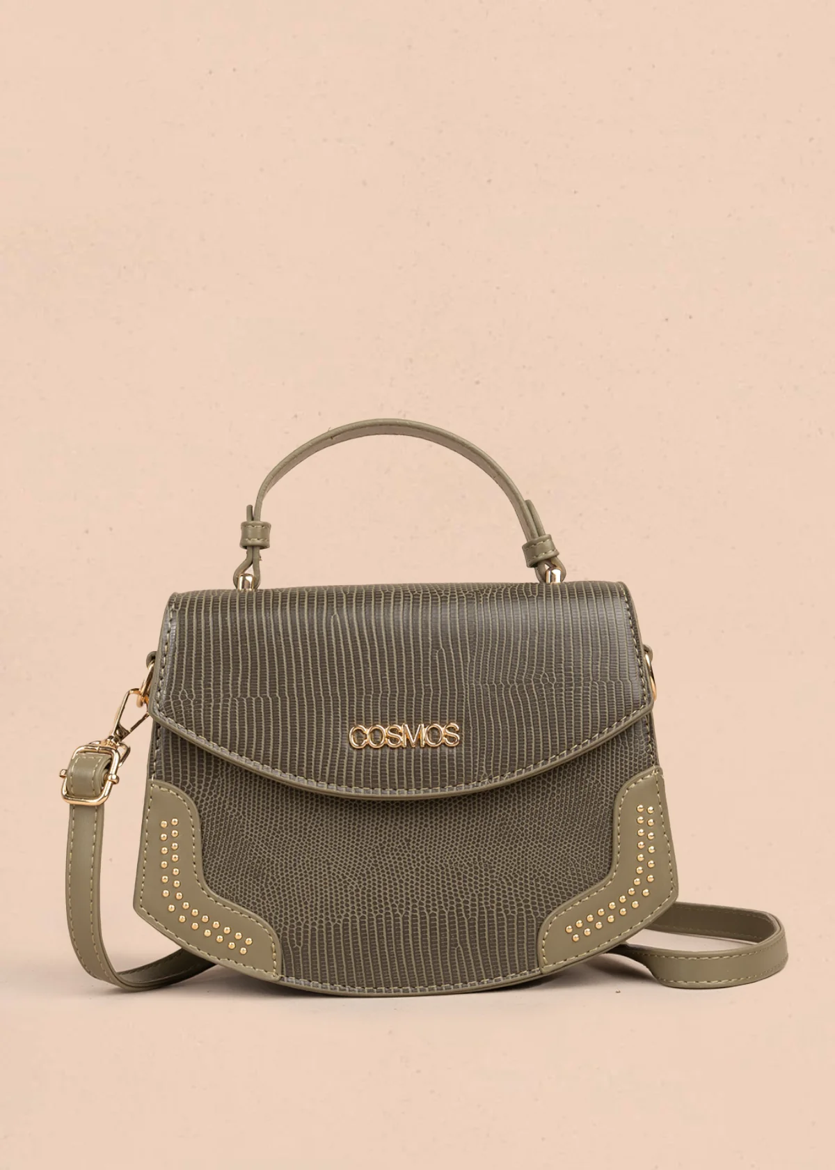 Bolso manos libres color verde con textura croco y detalles dorados 106983