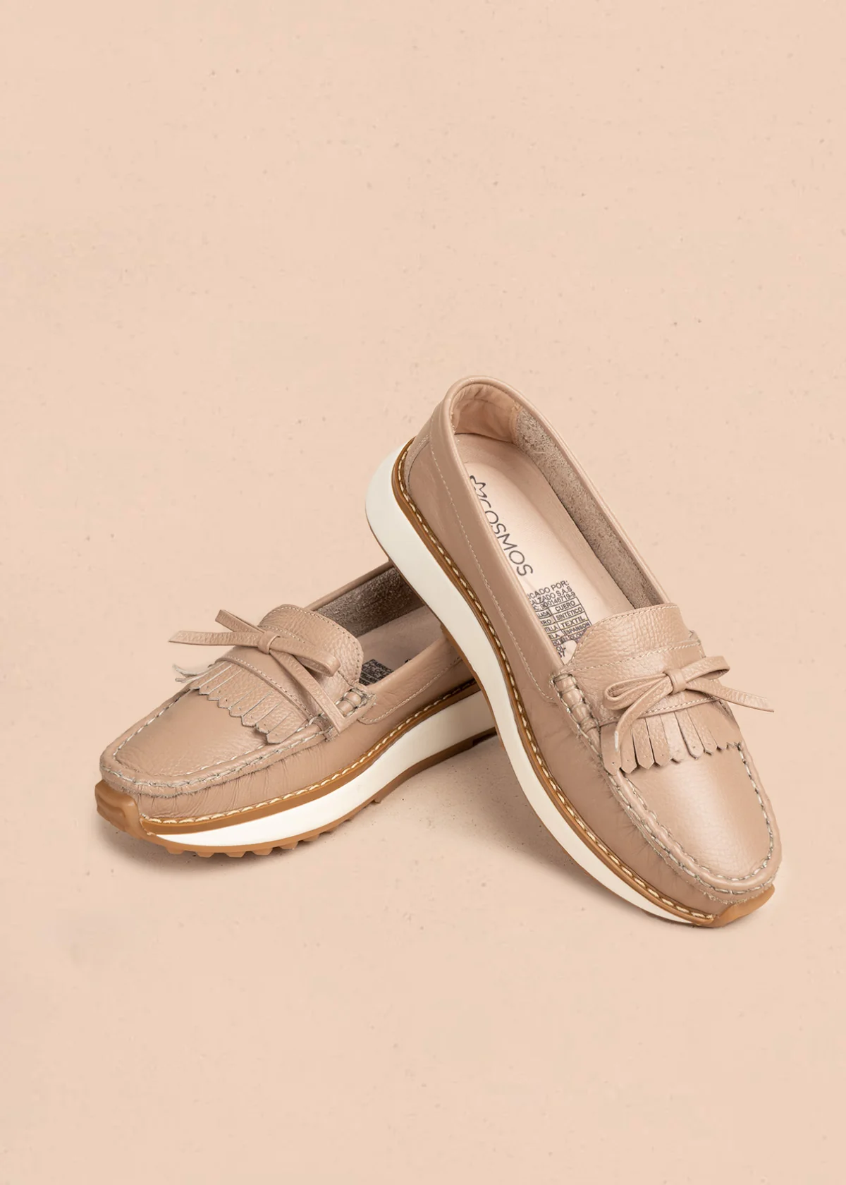 Mocasines en cuero color taupe con flecos y lazo 106548 - Image 2