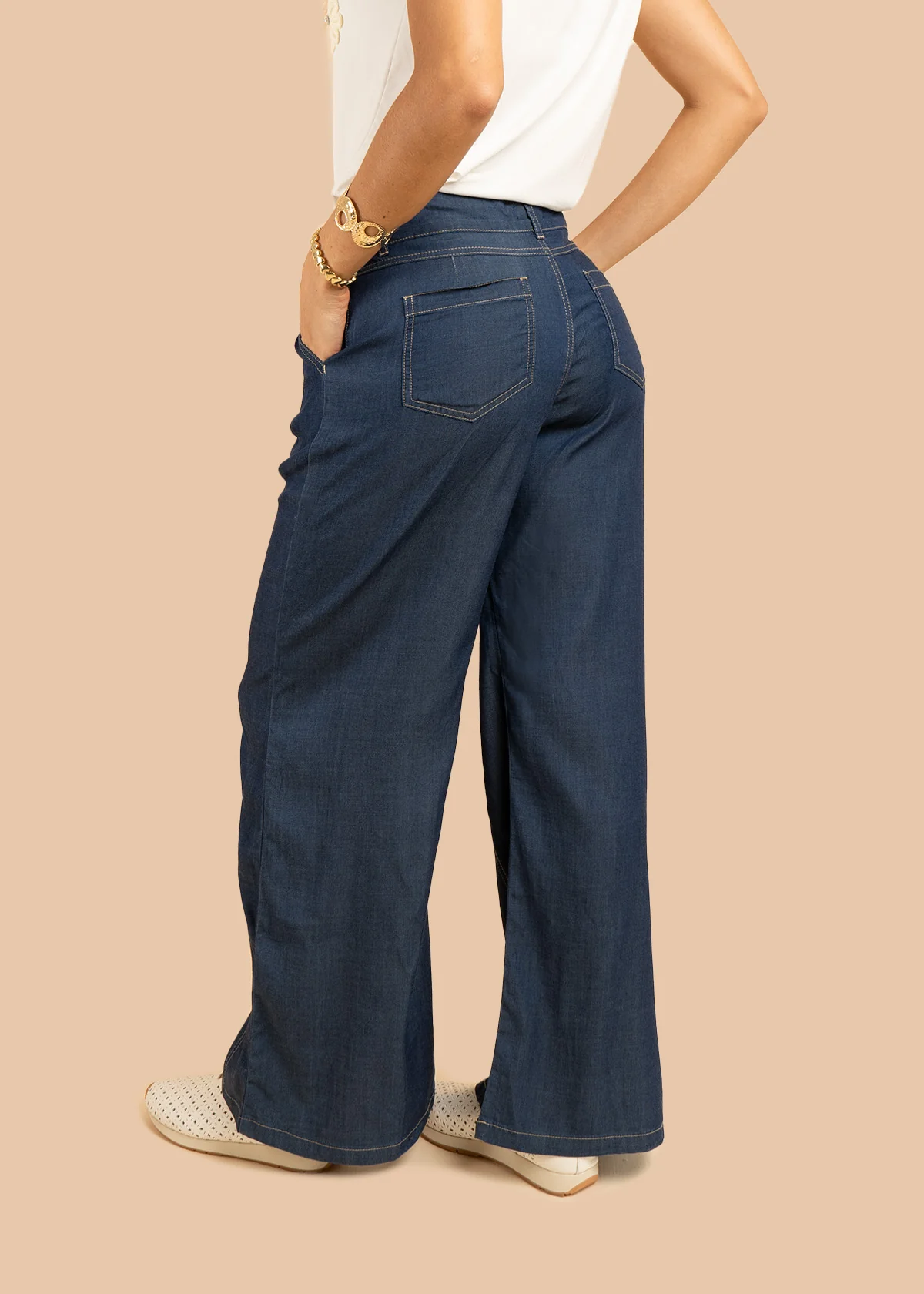 Pantalón palazzo color azul de tiro alto con costuras visibles 106308 - Image 4