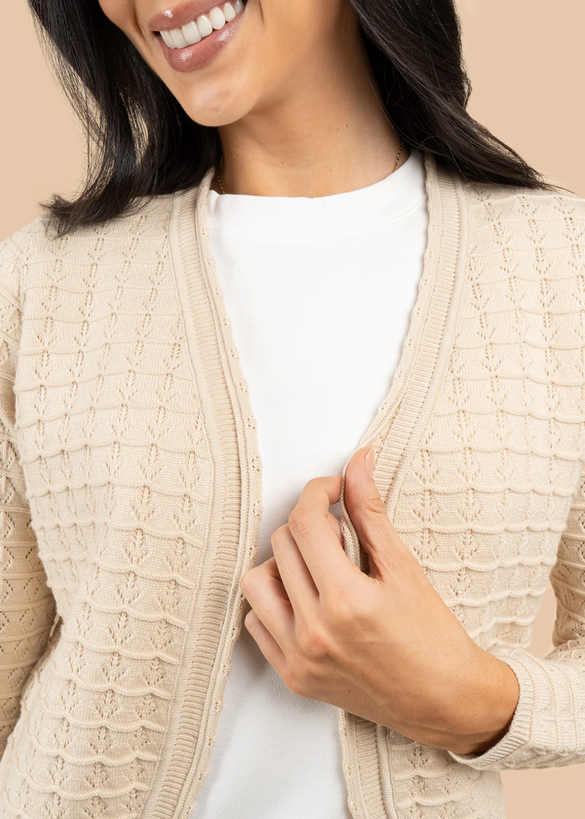 Saco color beige tejido abierto con patrón espiga 106754 - Image 3
