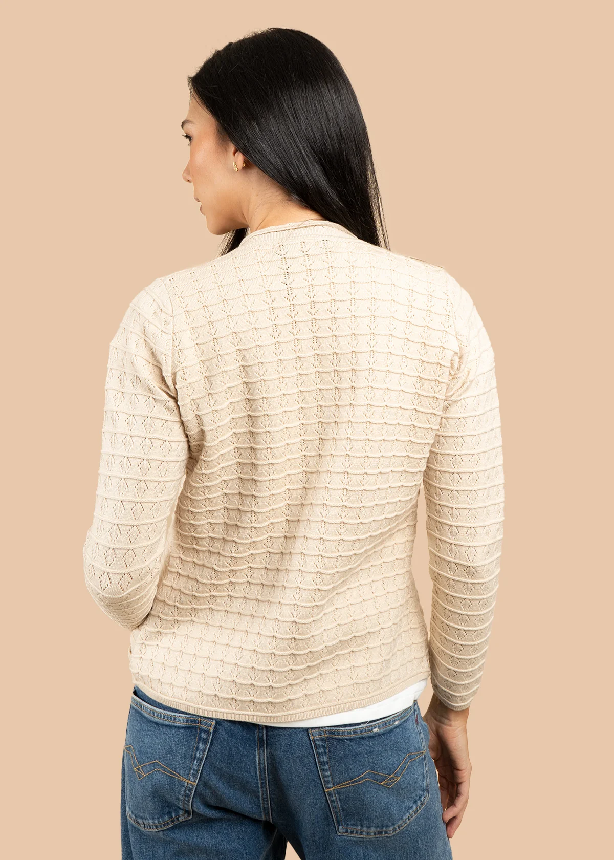 Saco color beige tejido abierto con patrón espiga 106754 - Image 4