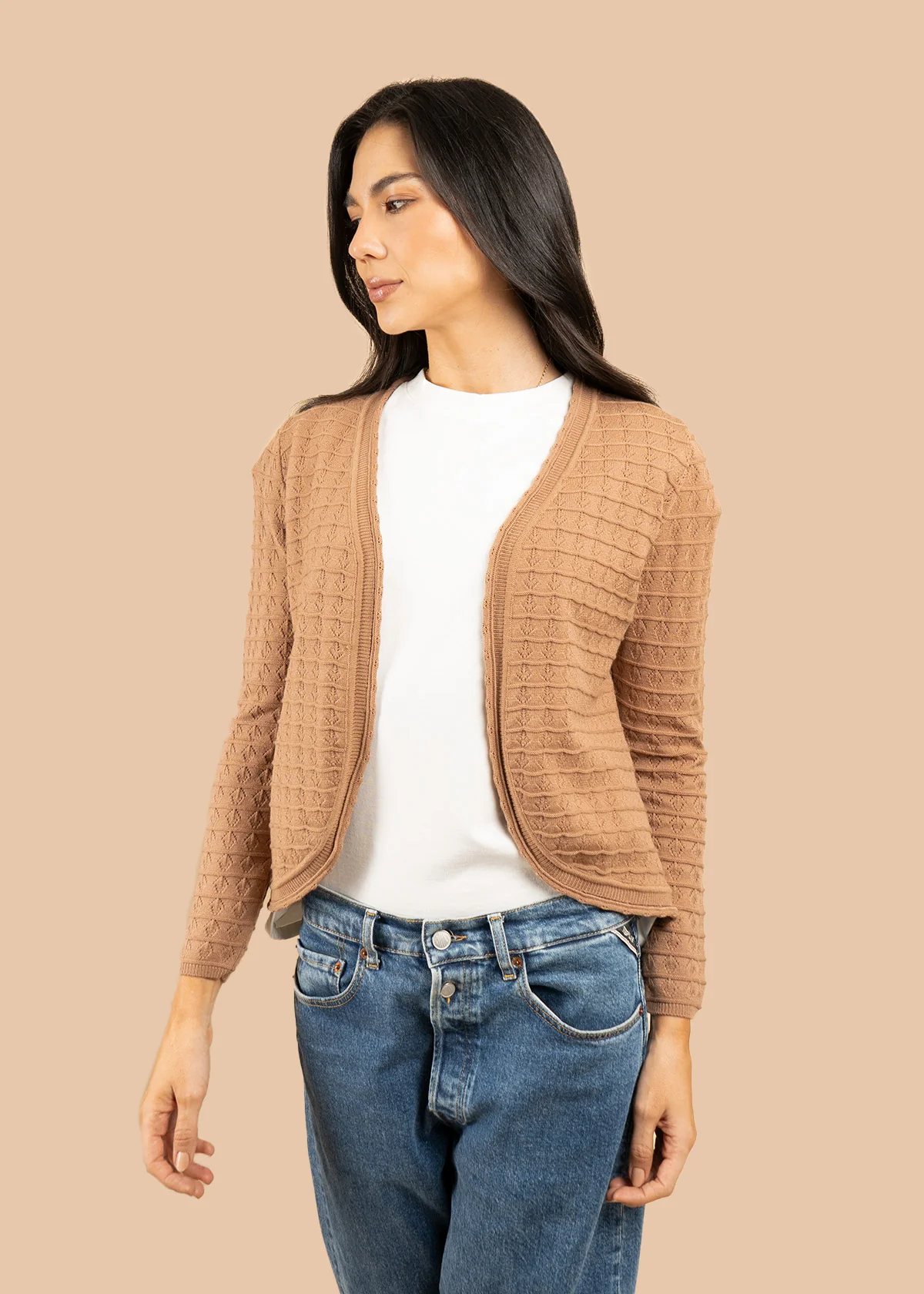 Saco color camel tejido abierto con patrón espiga 106754 - Image 2