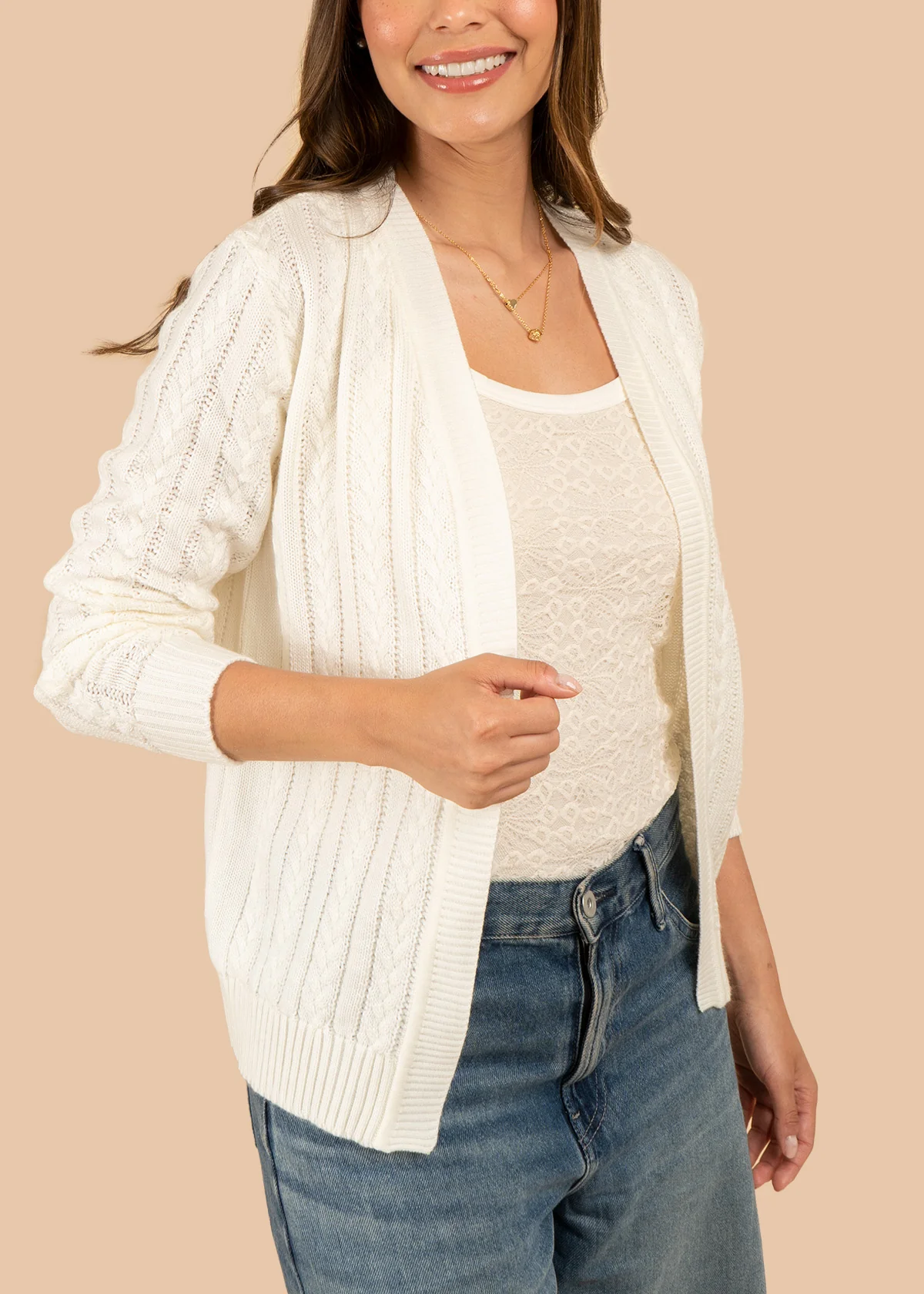 Saco tejido color marfil con diseño trenzado 106752 - Image 3