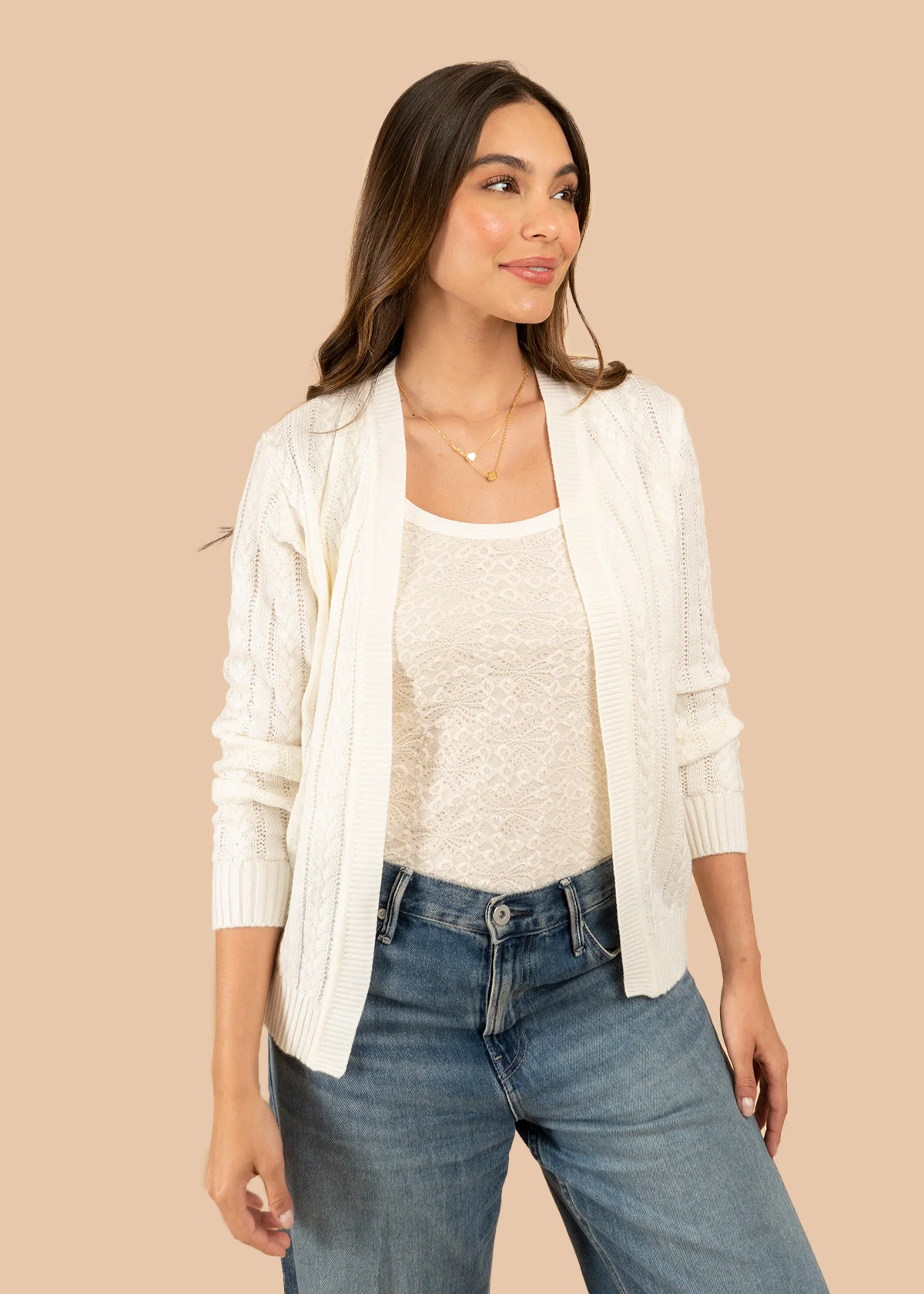 Saco tejido color marfil con diseño trenzado 106752 - Image 4