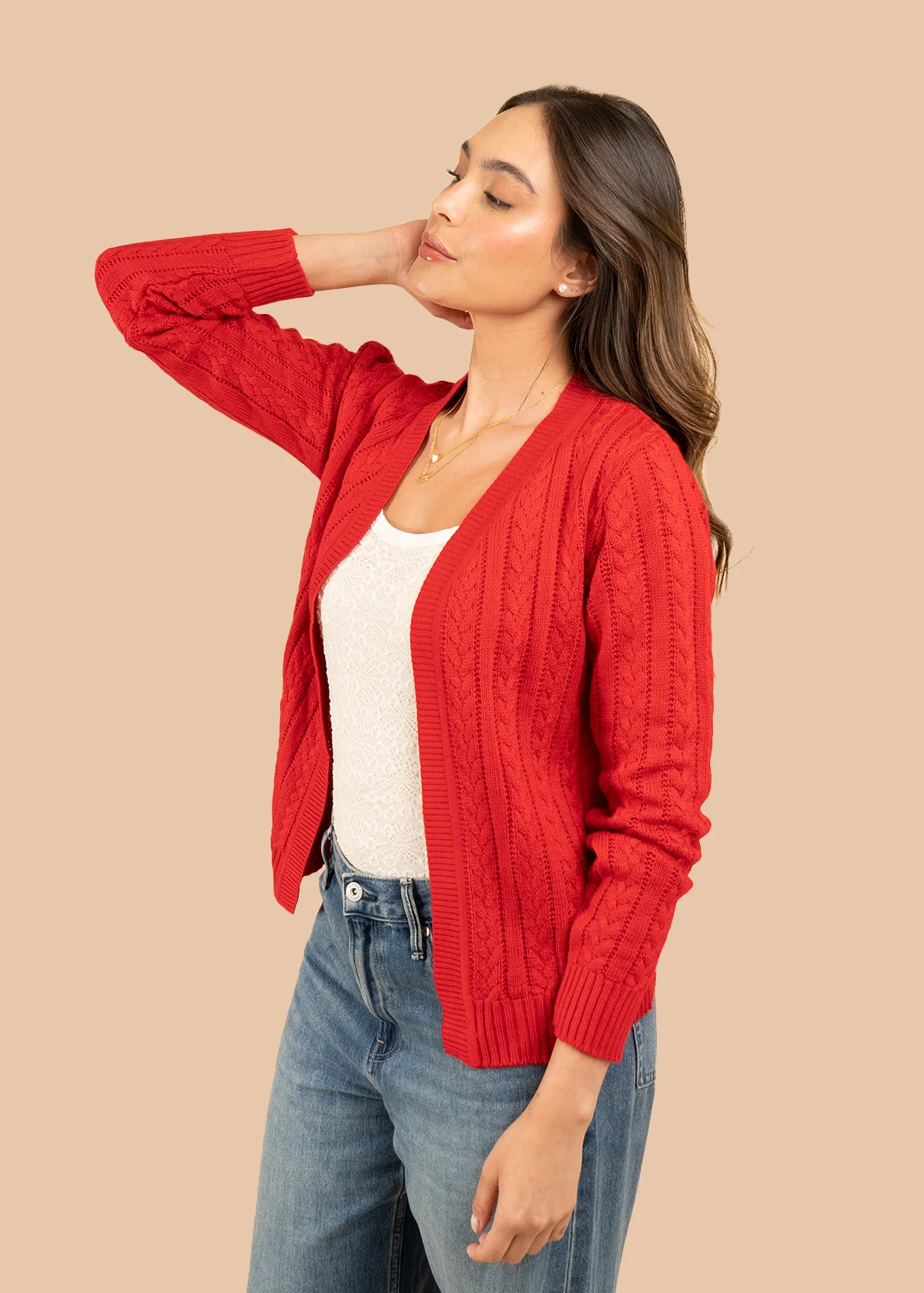 Saco tejido color rojo con diseño trenzado 106752 - Image 2