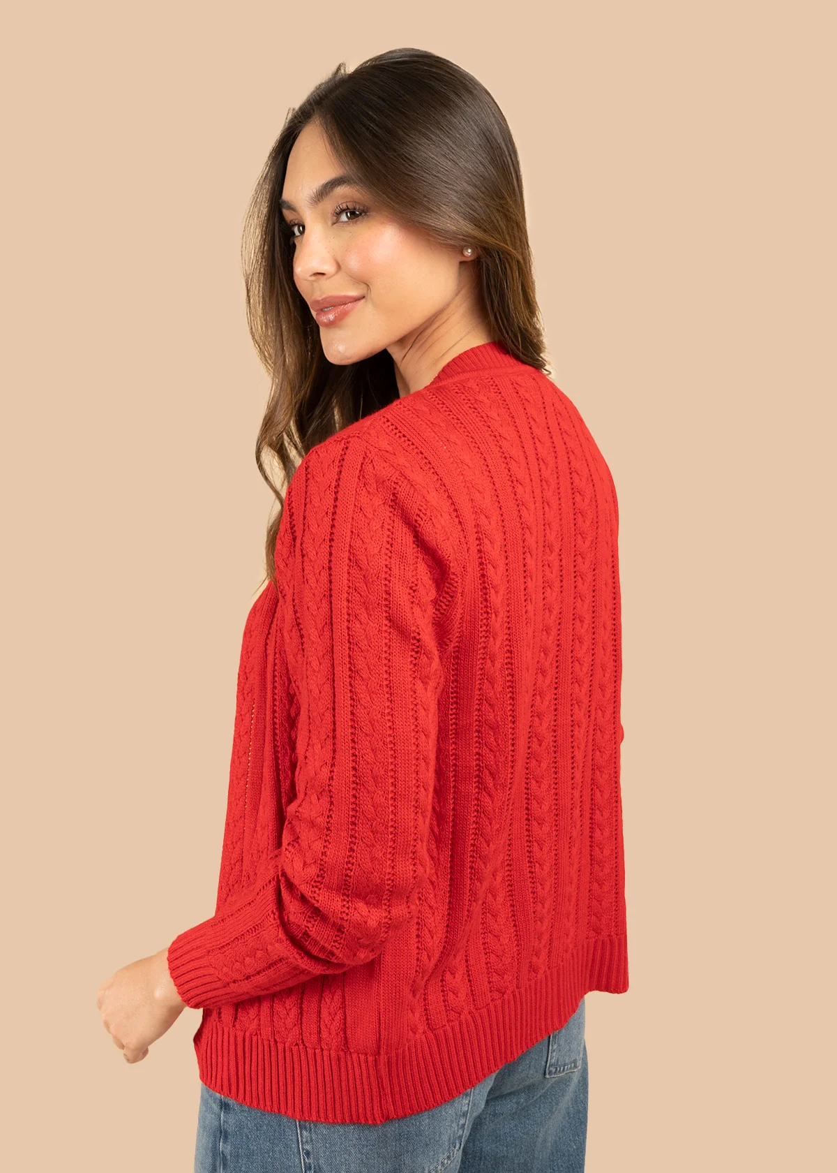Saco tejido color rojo con diseño trenzado 106752 - Image 4