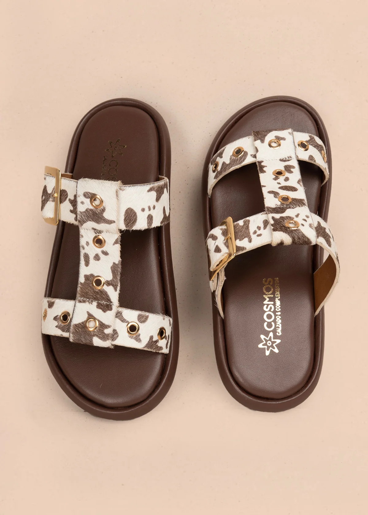 Sandalias planas en cuero color café con tiras animal print 107018 - Image 3