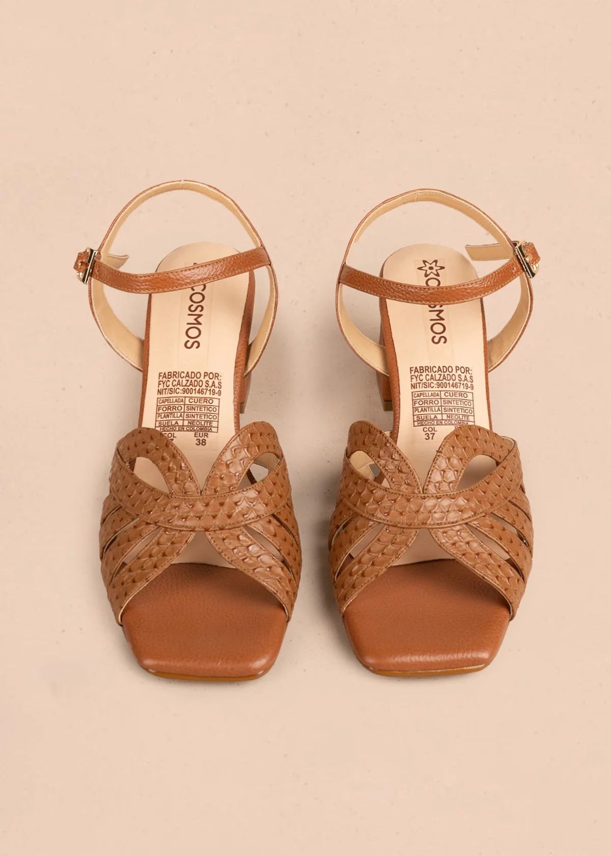 Sandalias de cuero color miel con tiras cruzadas y textura reptil 106507 - Image 2