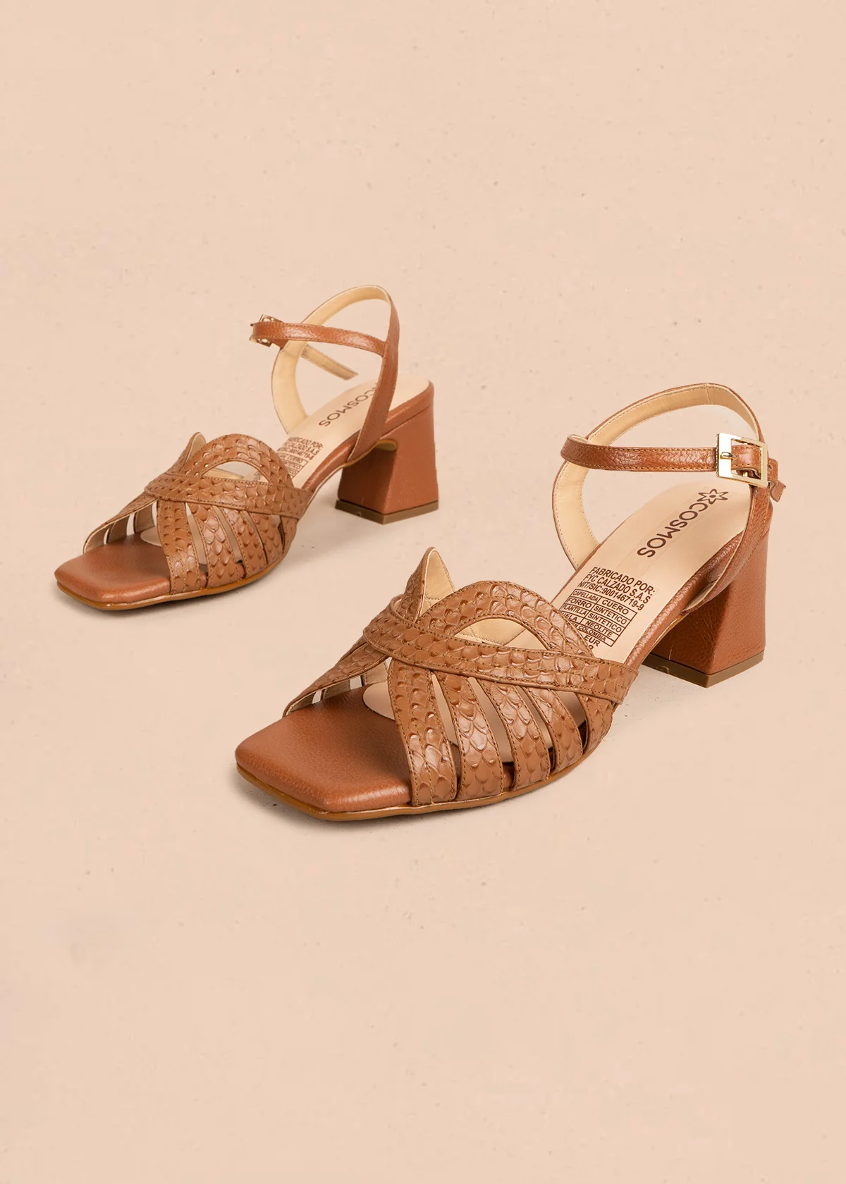 Sandalias de cuero color miel con tiras cruzadas y textura reptil 106507 - Image 3