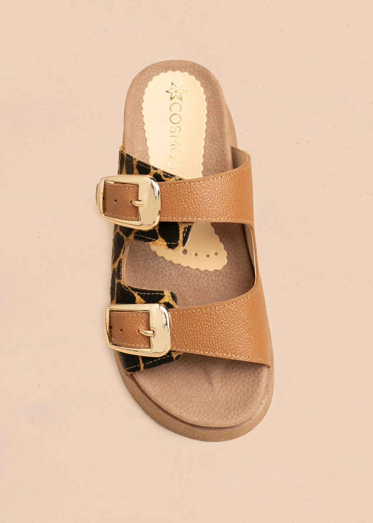 Sandalias planas de cuero color miel con detalle animal print 106515 - Image 5