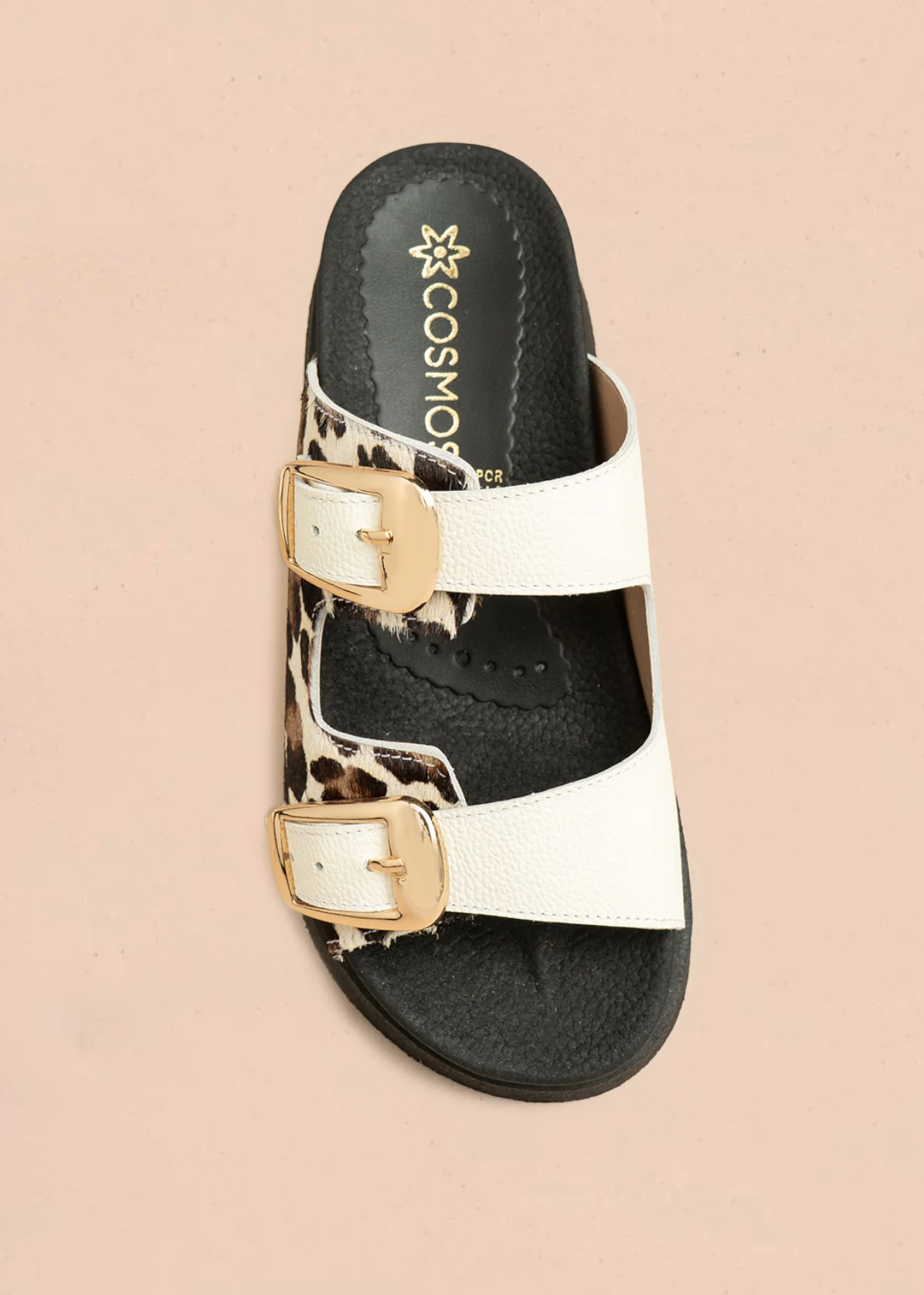 Sandalias planas de cuero color talco con detalle animal print 106515 - Image 4